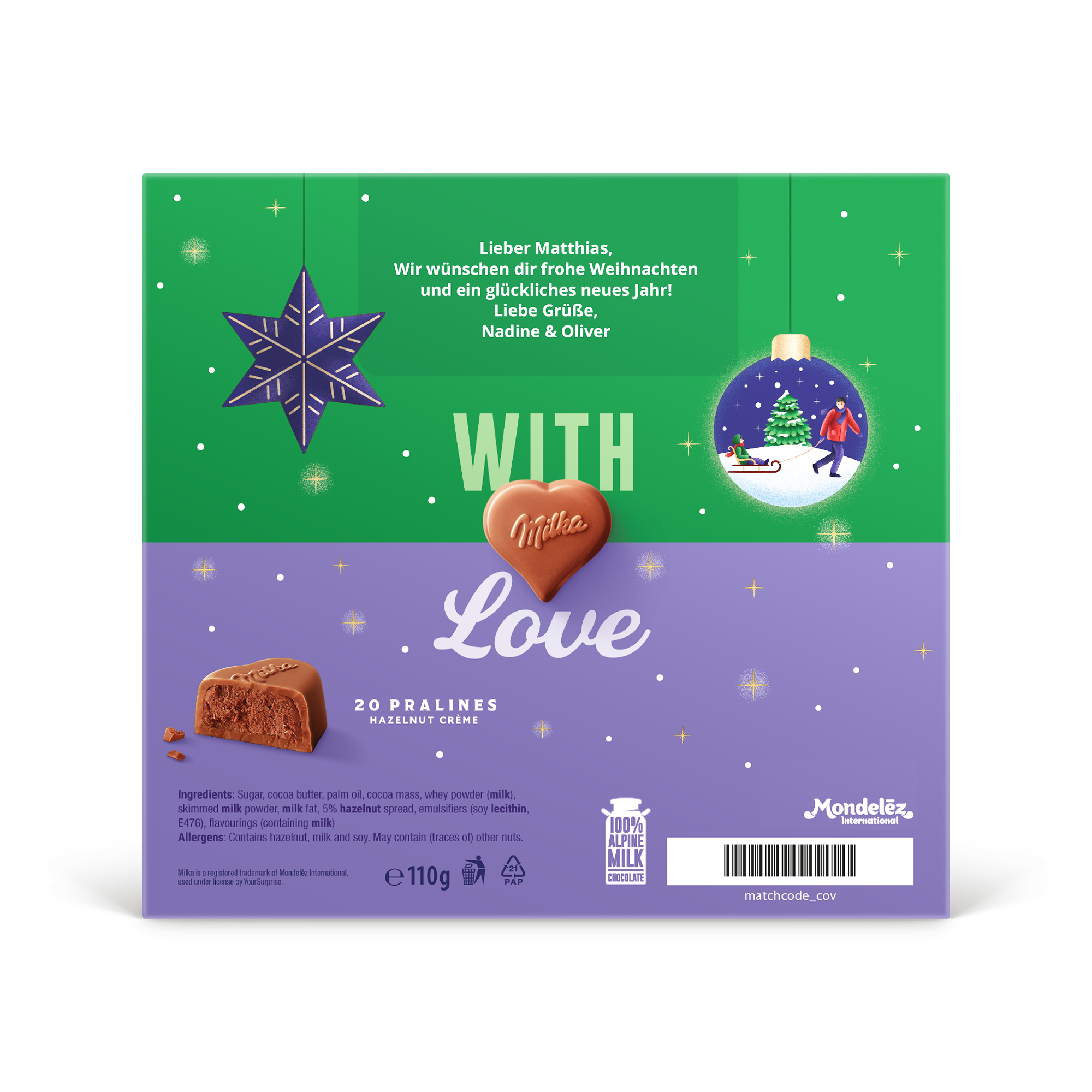 Milka Herzen in personalisierter 3D-Geschenkbox - Weihnachten mit Wunschtext gedruckt