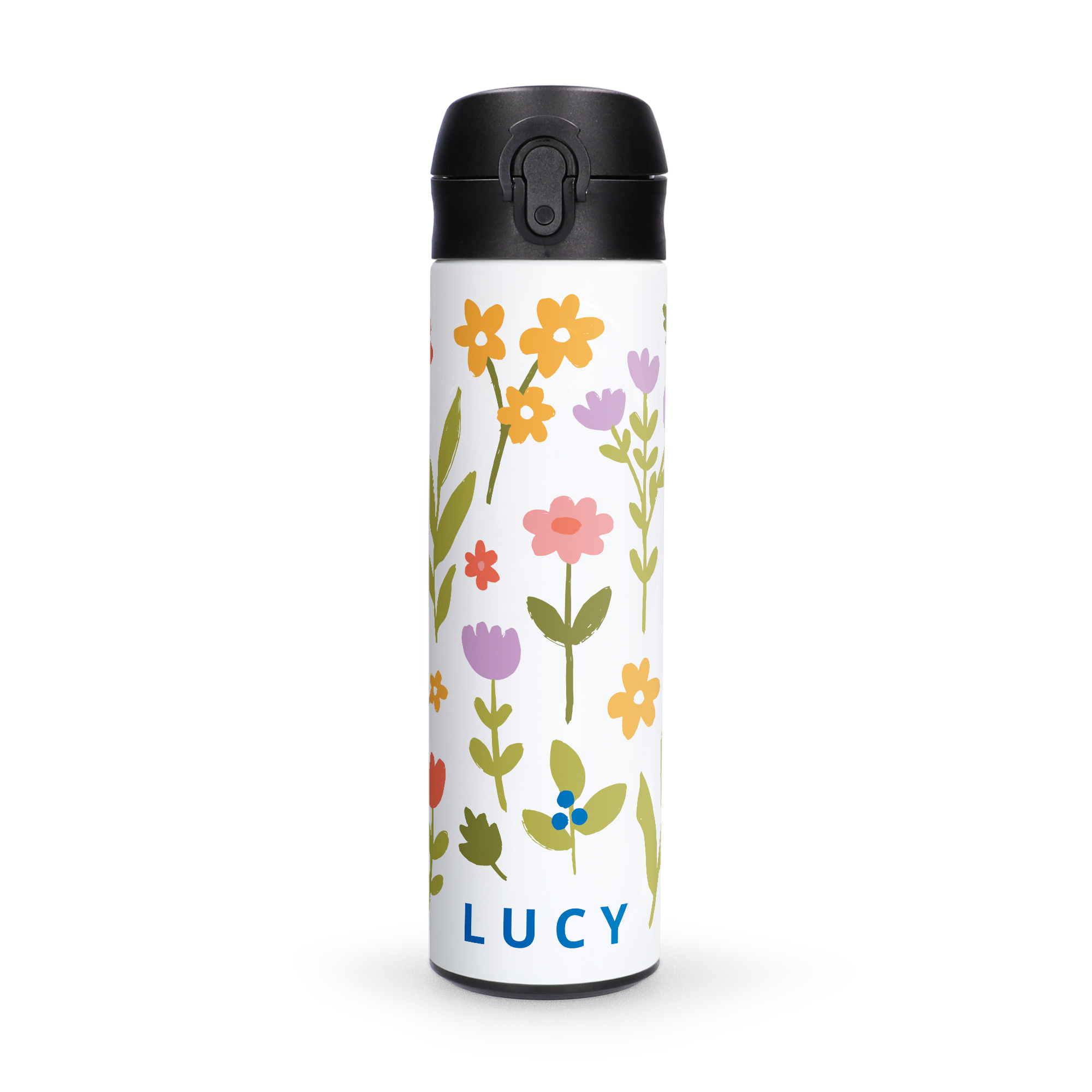 Botella de agua personalizada, impresa con flores coloridas y el texto "LUCY" en la parte inferior.