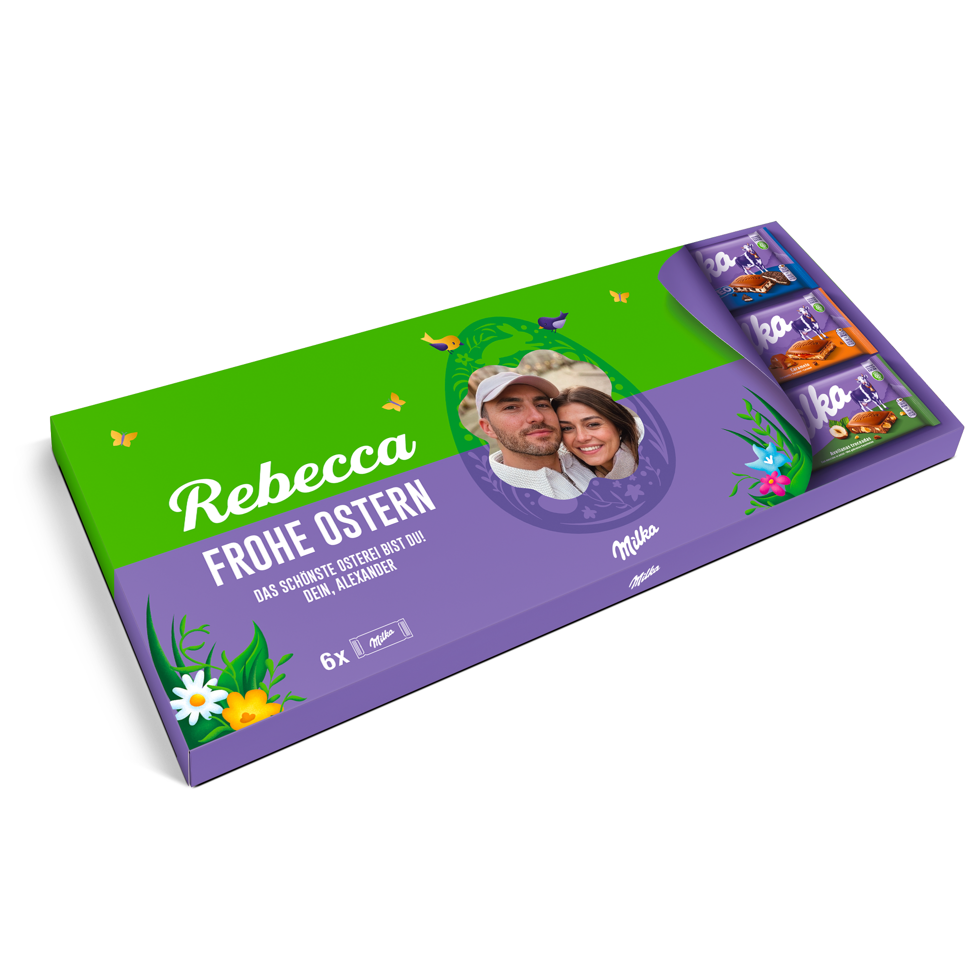 Riesen Milka Schokolade personalisieren mit Foto & Name - 6 Tafeln: lila Geschenkbox mit Foto von Rebecca und Alexander, Frohe Ostern Gruß und 6 Milka Riegeln.