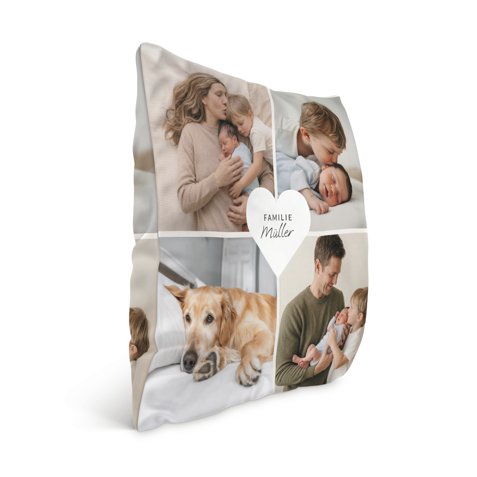 Personalisierter Kopfkissenbezug - 80 x 80 cm - Vollflächig bedruckt mit Fotos und dem Namen Familie Müller im Herzen