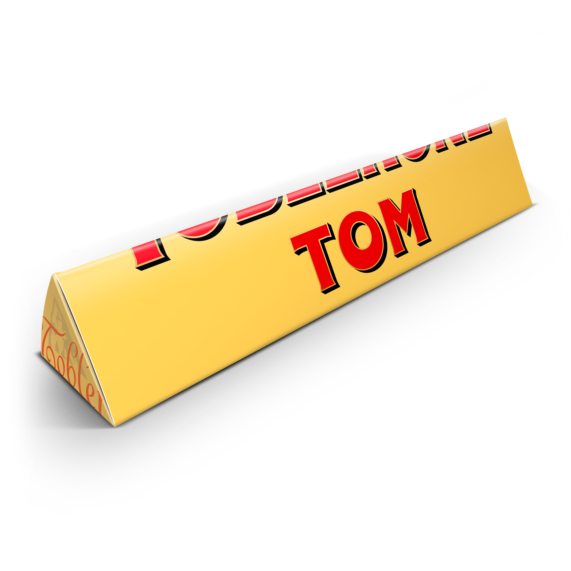 Personalisierte Toblerone Schokolade mit dem Namen TOM auf der Verpackung, gedruckt in Rot und Schwarz.