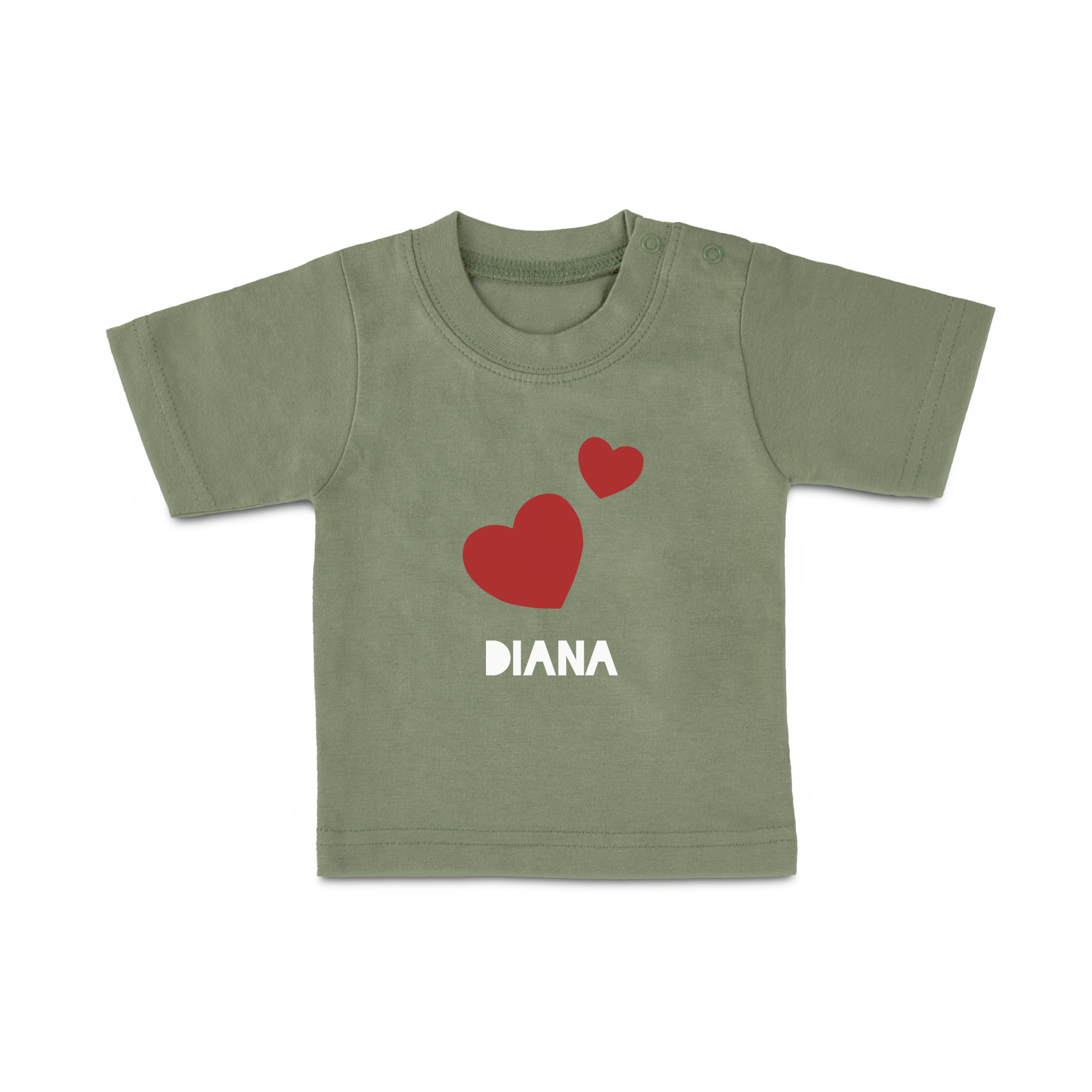 Grünes Baby T-Shirt mit zwei roten Herzen und dem Namen Diana, mit Wunschmotiv bedruckt.