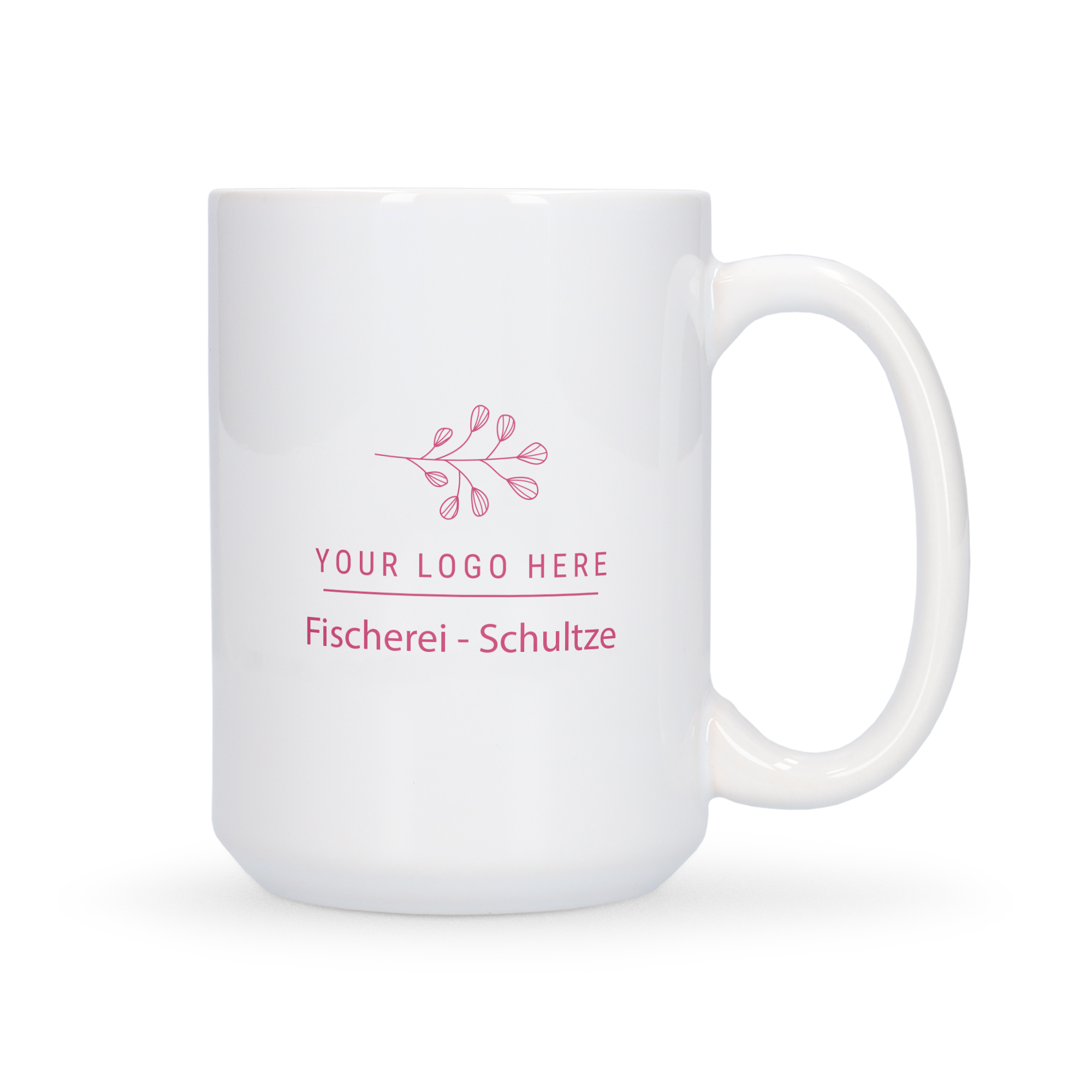 Weiße personalisierbare XL Tasse bedruckt mit einem Firmenlogo und dem Text "Fischerei-Schultze"