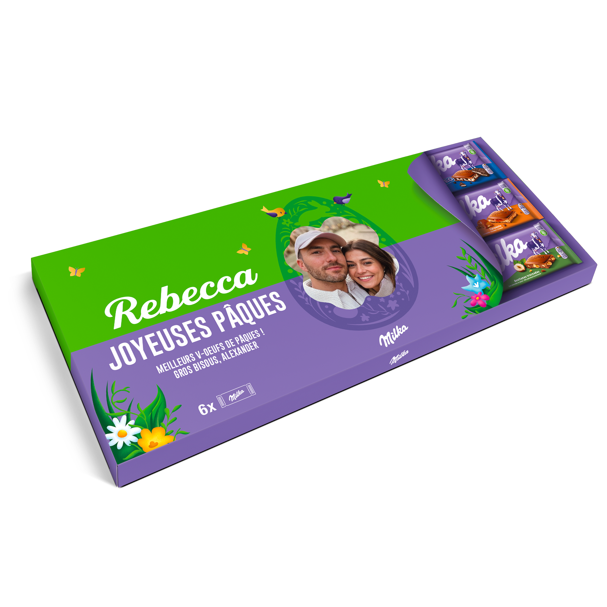 Méga tablette de chocolat Milka personnalisée - 6 tablettes avec photo et texte imprimés Joyeuses Pâques