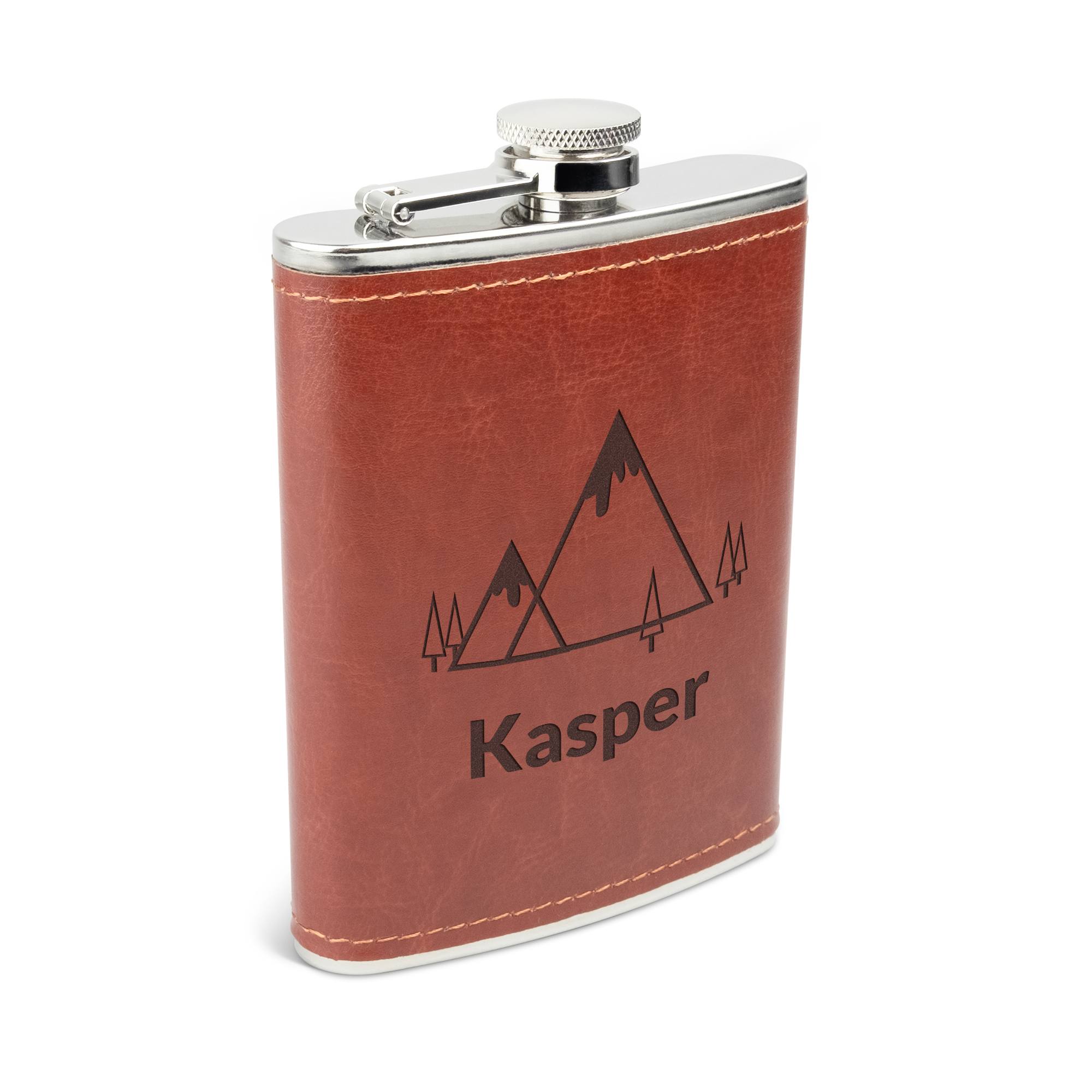 Graverad lyxig plunta med namn, i brunt läder och rostfritt stål, personlig med texten Kasper och en bergsdesign
