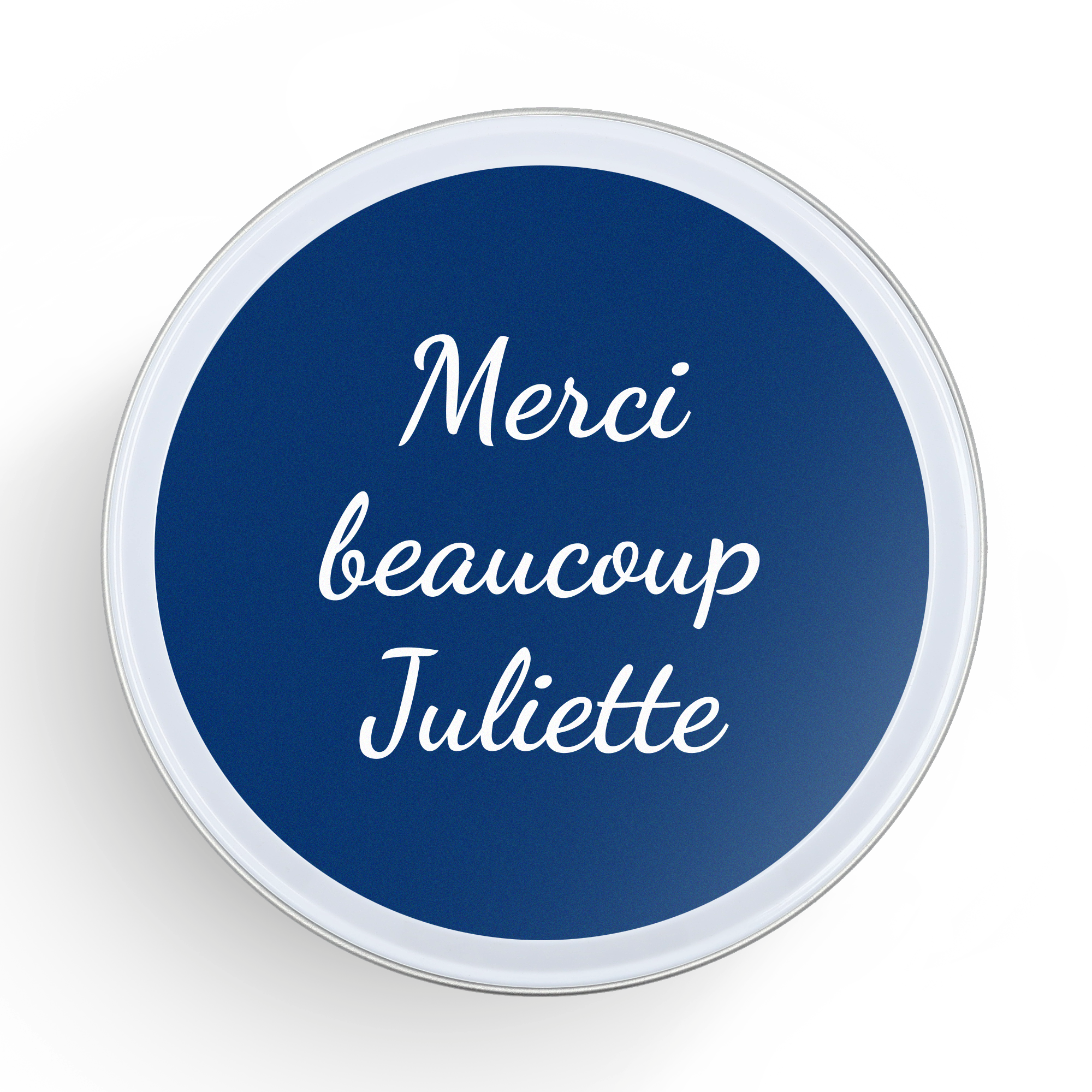 Stroopwafels dans une boîte personnalisée - Ronde avec un message imprimé Merci beaucoup Juliette sur fond bleu