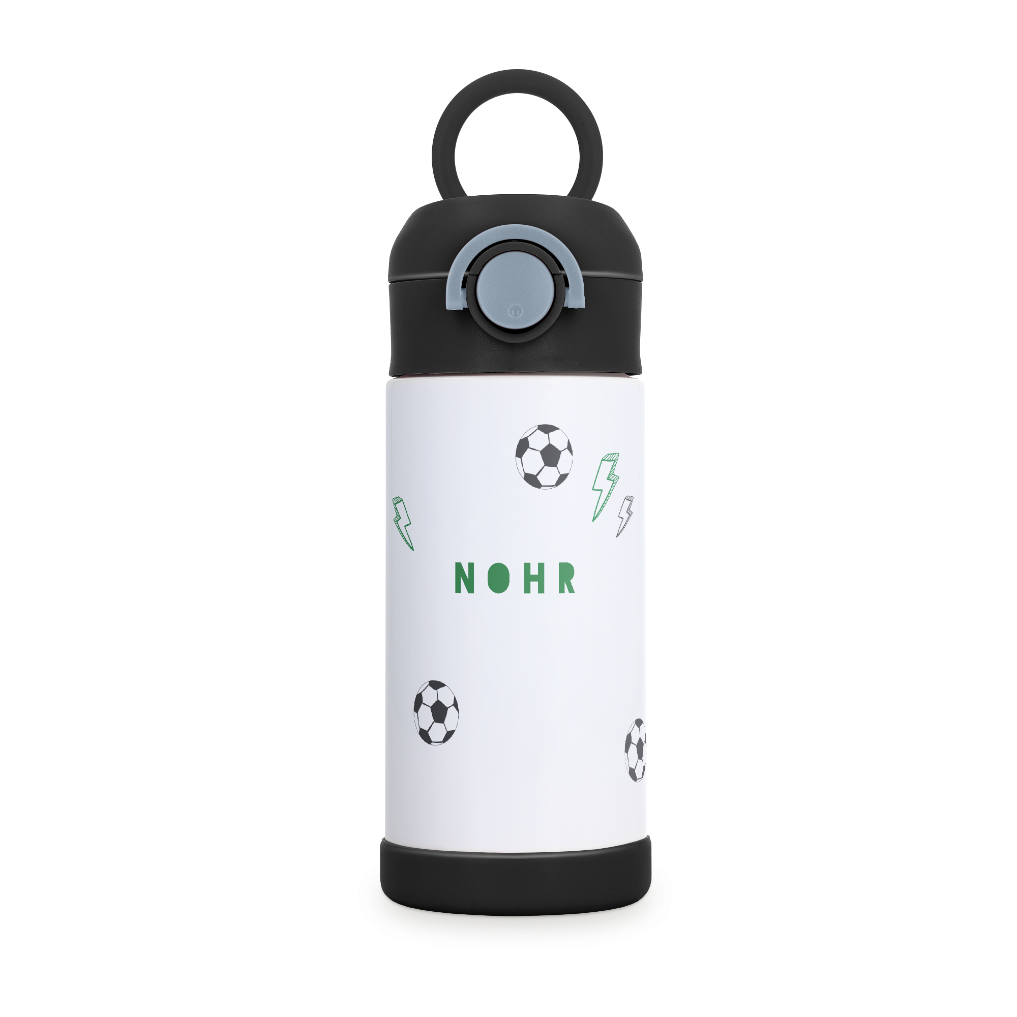 Hvid personlig børnedrikkedunk i rustfrit stål med NOHR-navn og fodboldtryk, klar til at gøre hver tår særlig.