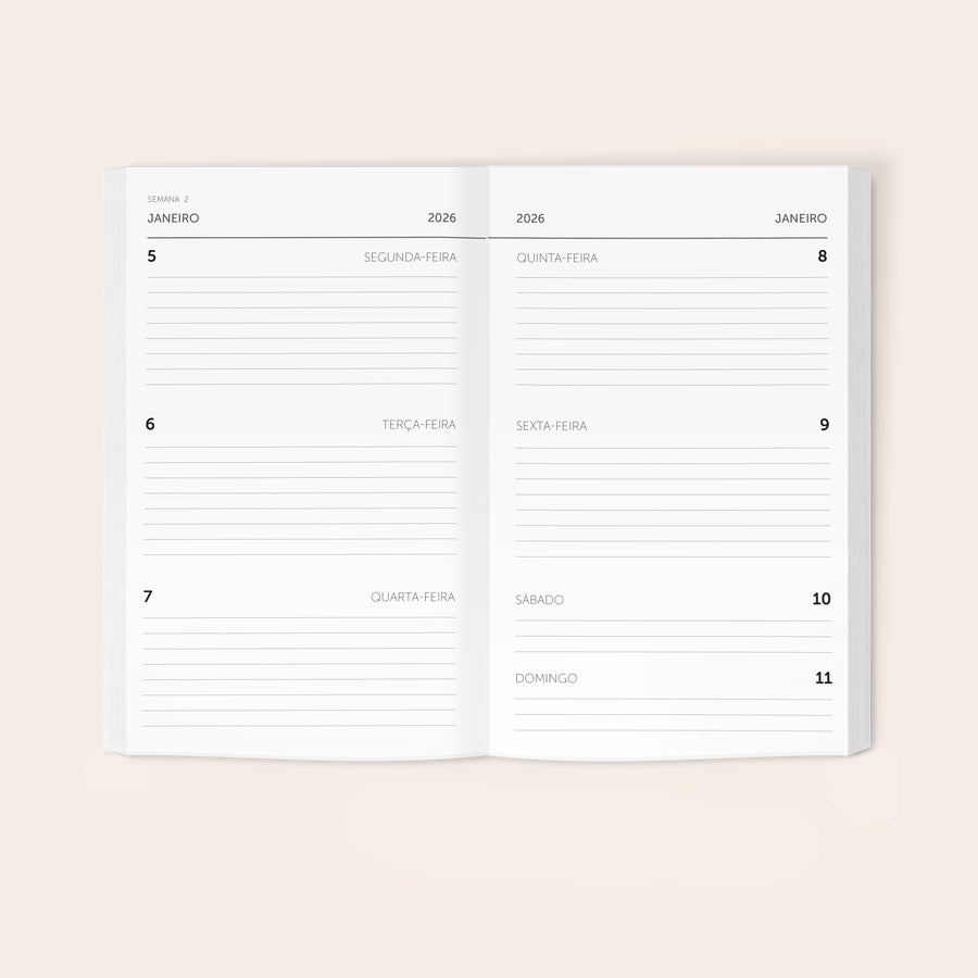 Planejador personalizado Agenda personalizada 2026 aberta na semana de 5 a 11 de janeiro, com espaços para notas.