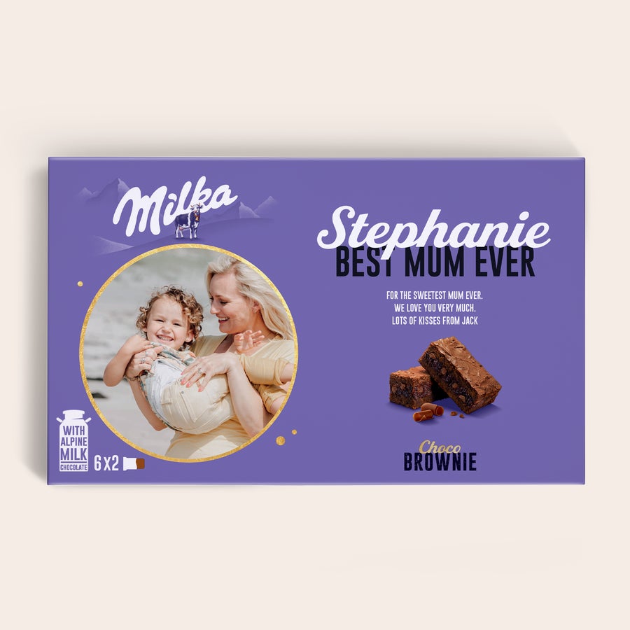 Milka Brownies Cutie cadou personalizată Milka Choco Brownie, imprimată cu fotografie mamă și copil, numele Stephanie și mesajul Best Mum Ever.