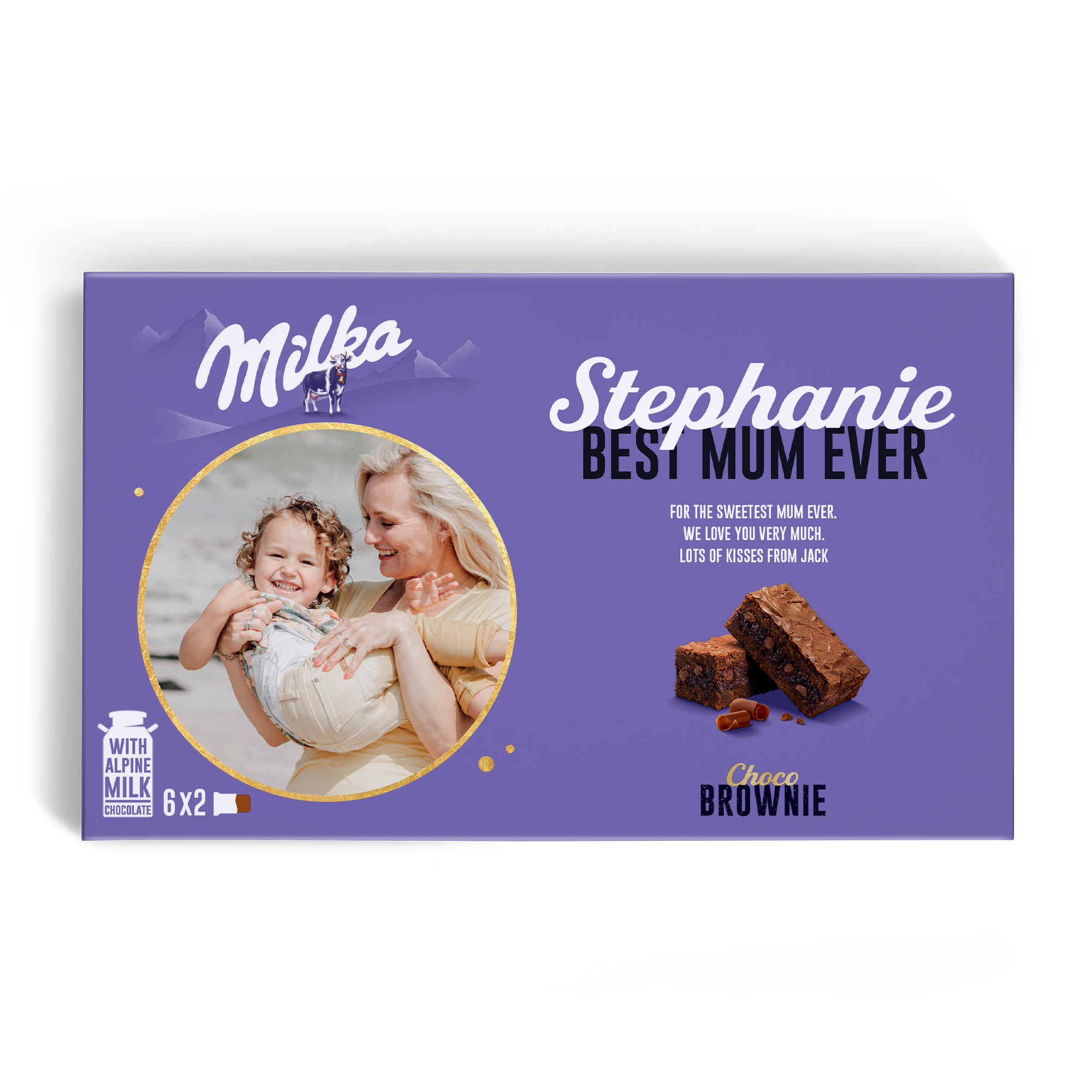 Personalised Milka Choco Brownie gift box with a printed photo of a mother and child, and a message to Stephanie Best Mum Ever, for the sweetest mum ever, we love you very much, lots of kisses from Jack.