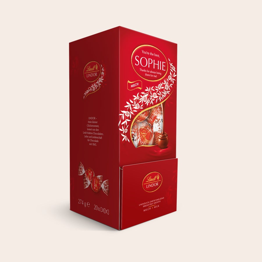 Lindt Dispenser Prekvapte ich personalizovanou červenou Lindt čokoládovou darčekovou krabičkou s menom Sophie a osobným odkazom