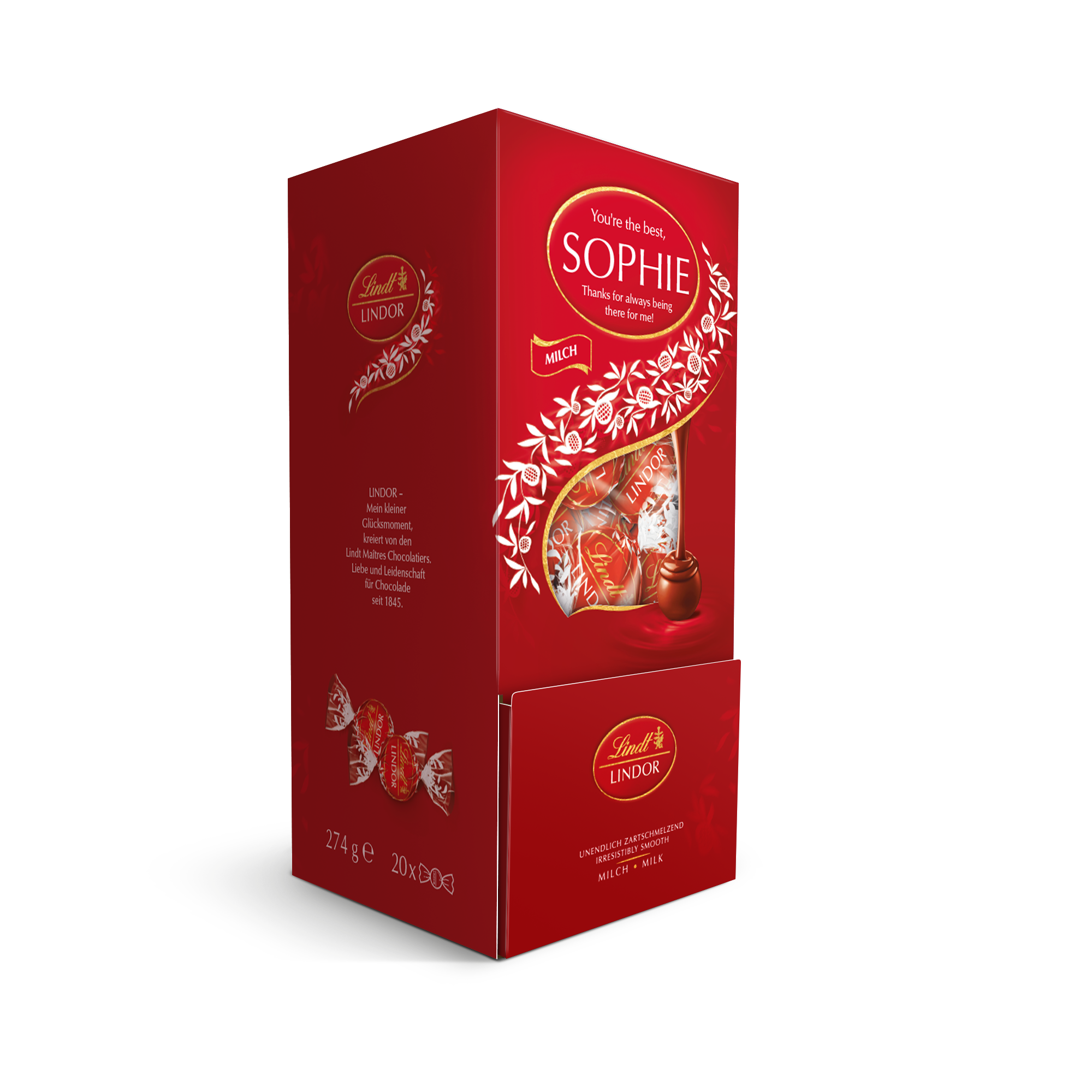 Překvapte je personalizovanou dárkovou krabičkou na čokoládu Lindt s vlastním textem Sophie a poděkováním.