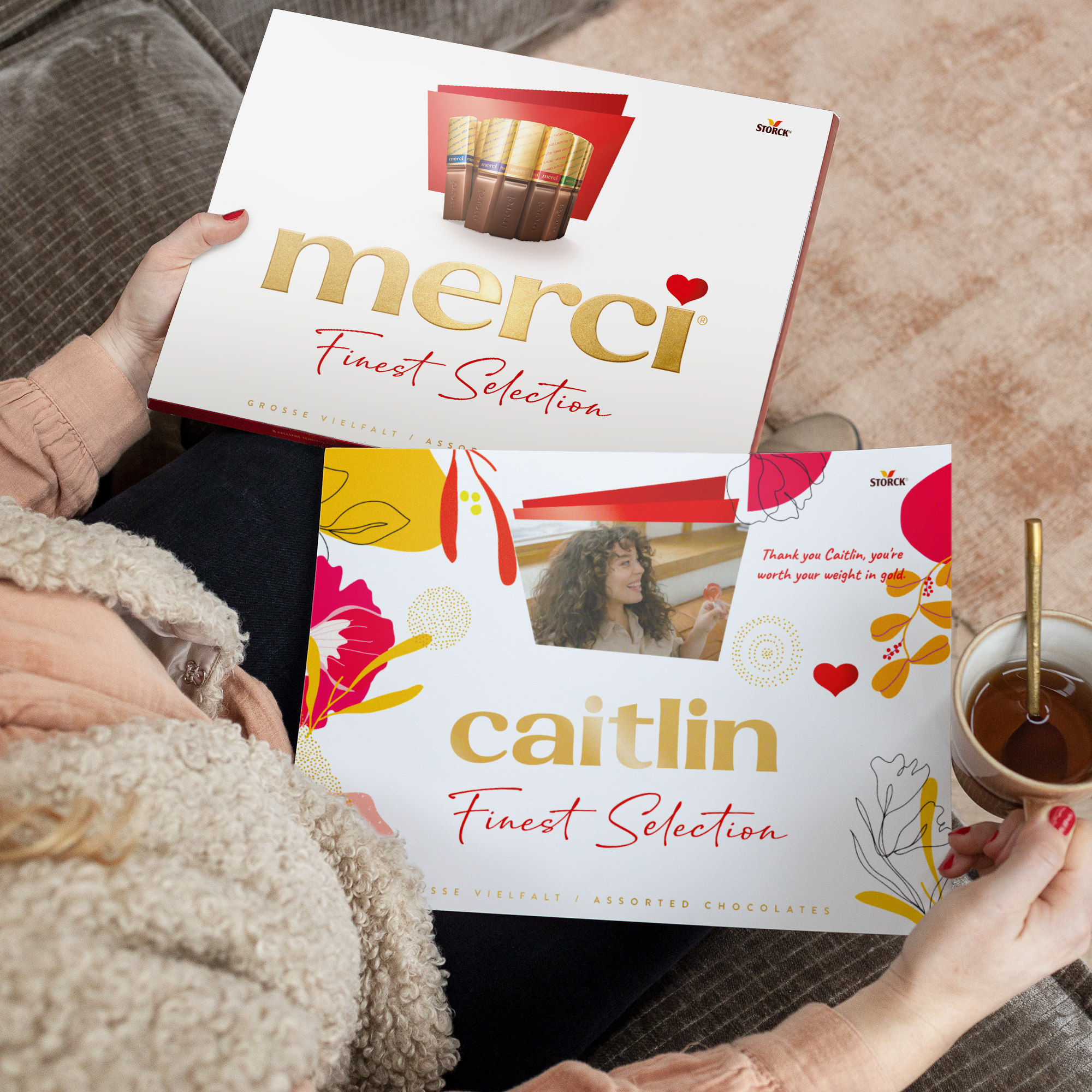 Merci chocolate with personalised card - 675 grams with a photo and the name Caitlin printed on the sleeve