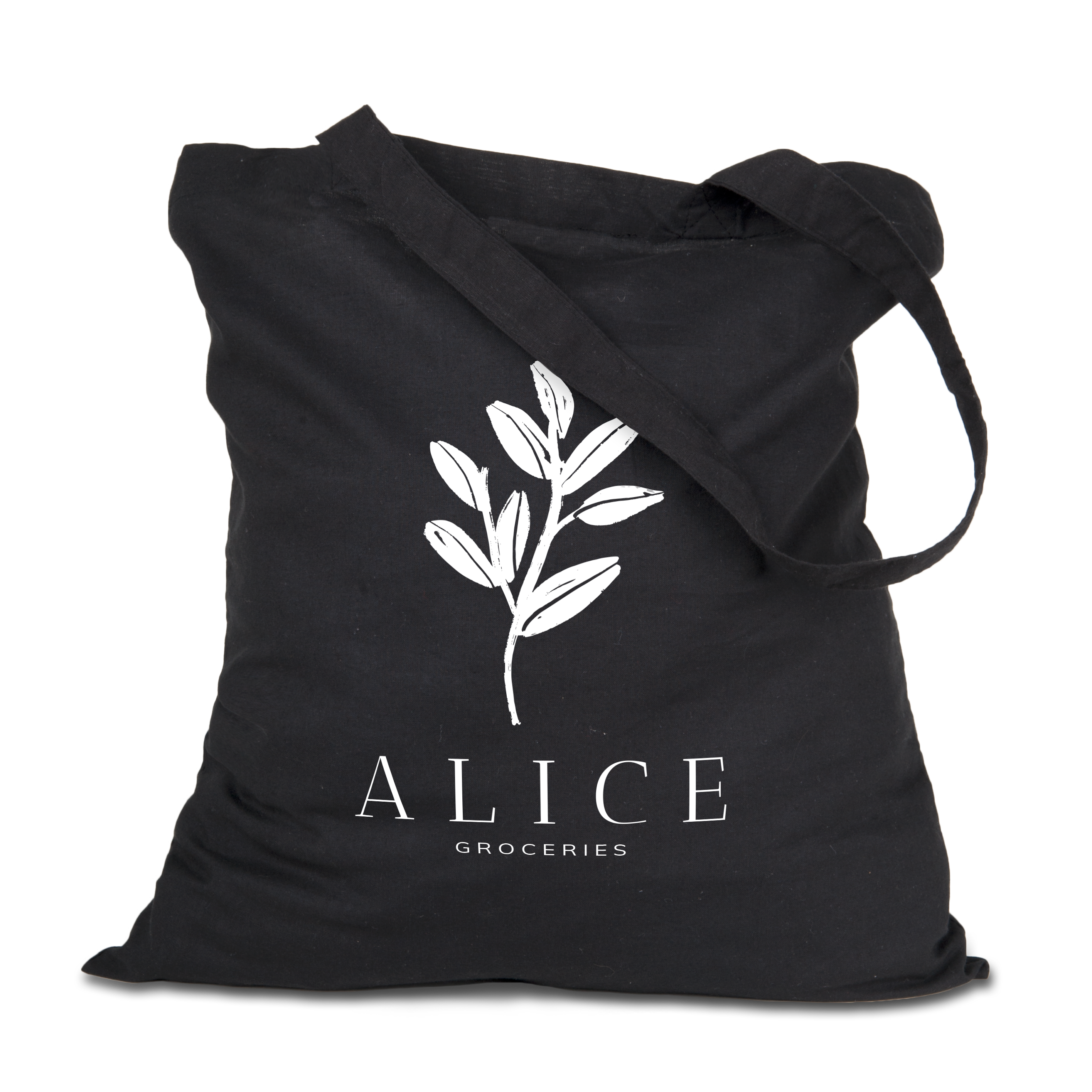 Borsa di tela nera personalizzata con stampa bianca di ramo vegetale e testo Alice Groceries