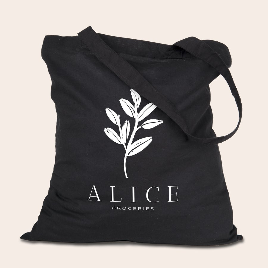 Bolsa de algodão personalizada Saco de linho preto personalizado com um ramo de folhas brancas e o nome Alice Groceries estampado
