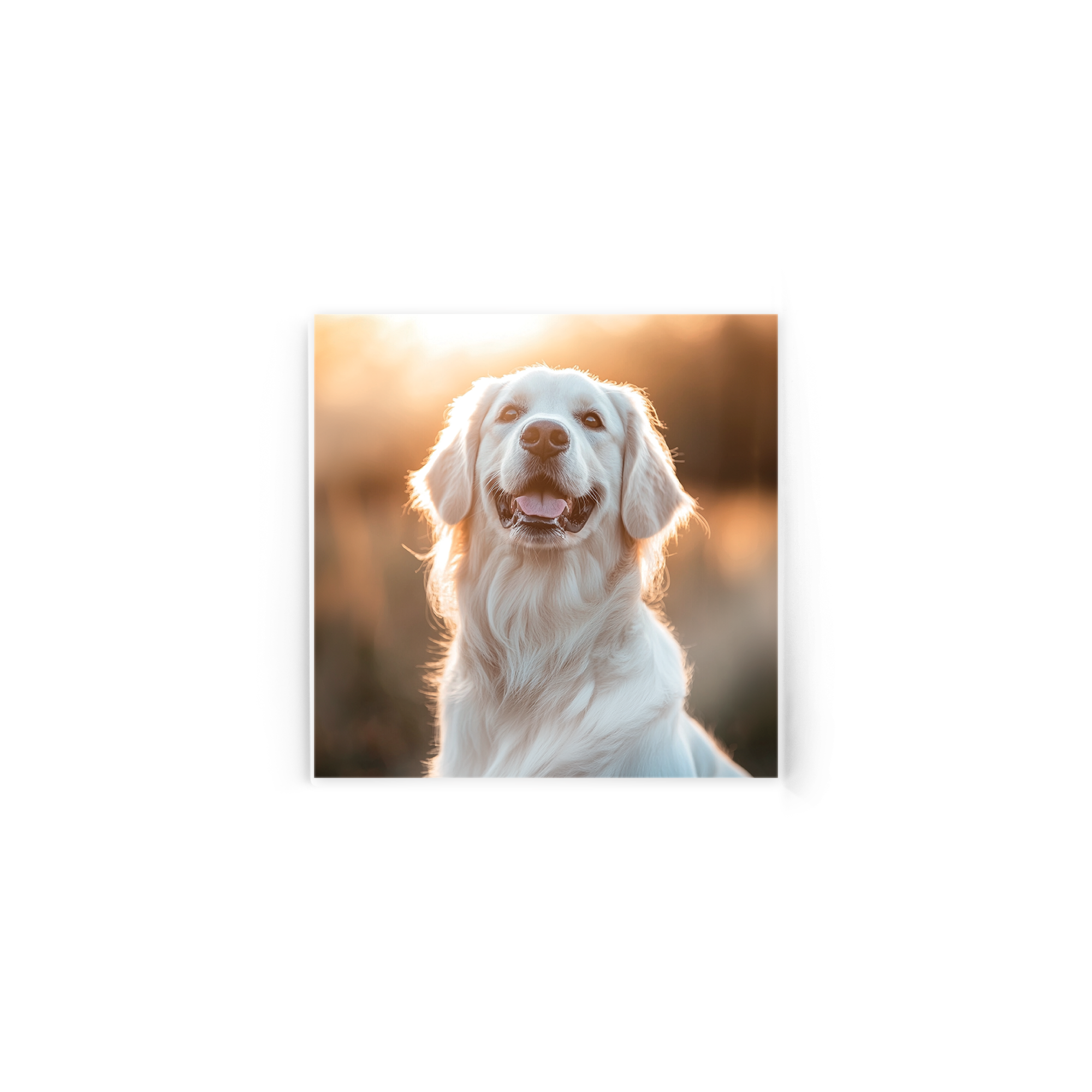 Fotografie acrilică personalizată cu imaginea unui Golden Retriever fericit la apus, o fotografie acrilică unică