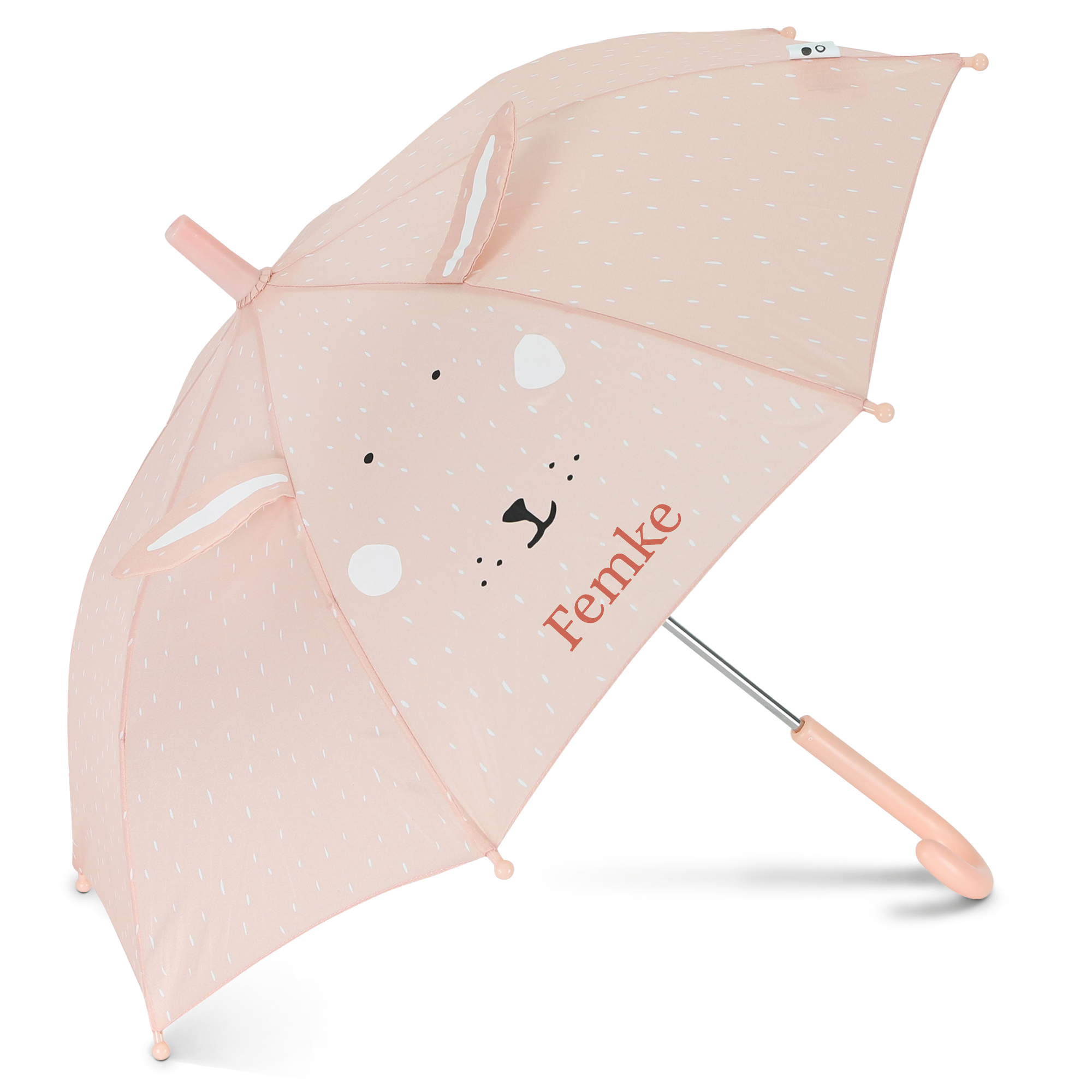 Roze kinderparaplu met konijnenoren en gezichtje, gepersonaliseerd met de naam Femke, ideaal voor door de regen lopen.