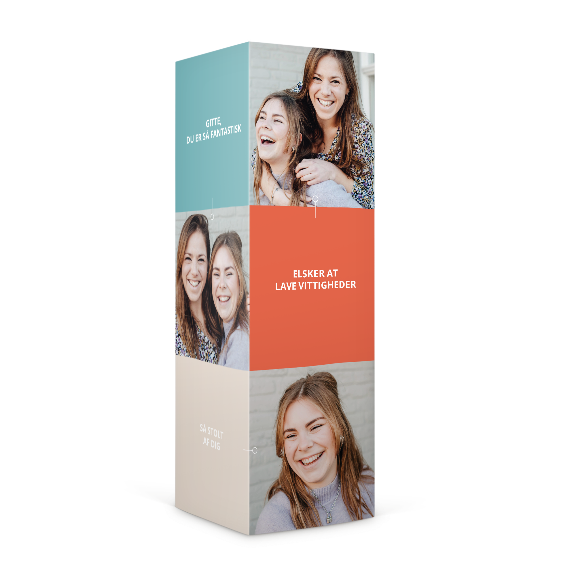 Sliktårn med syrligt slik, fire personlige fotos og tekst Gitte, Du er så fantastisk, printet på gaveemballagen