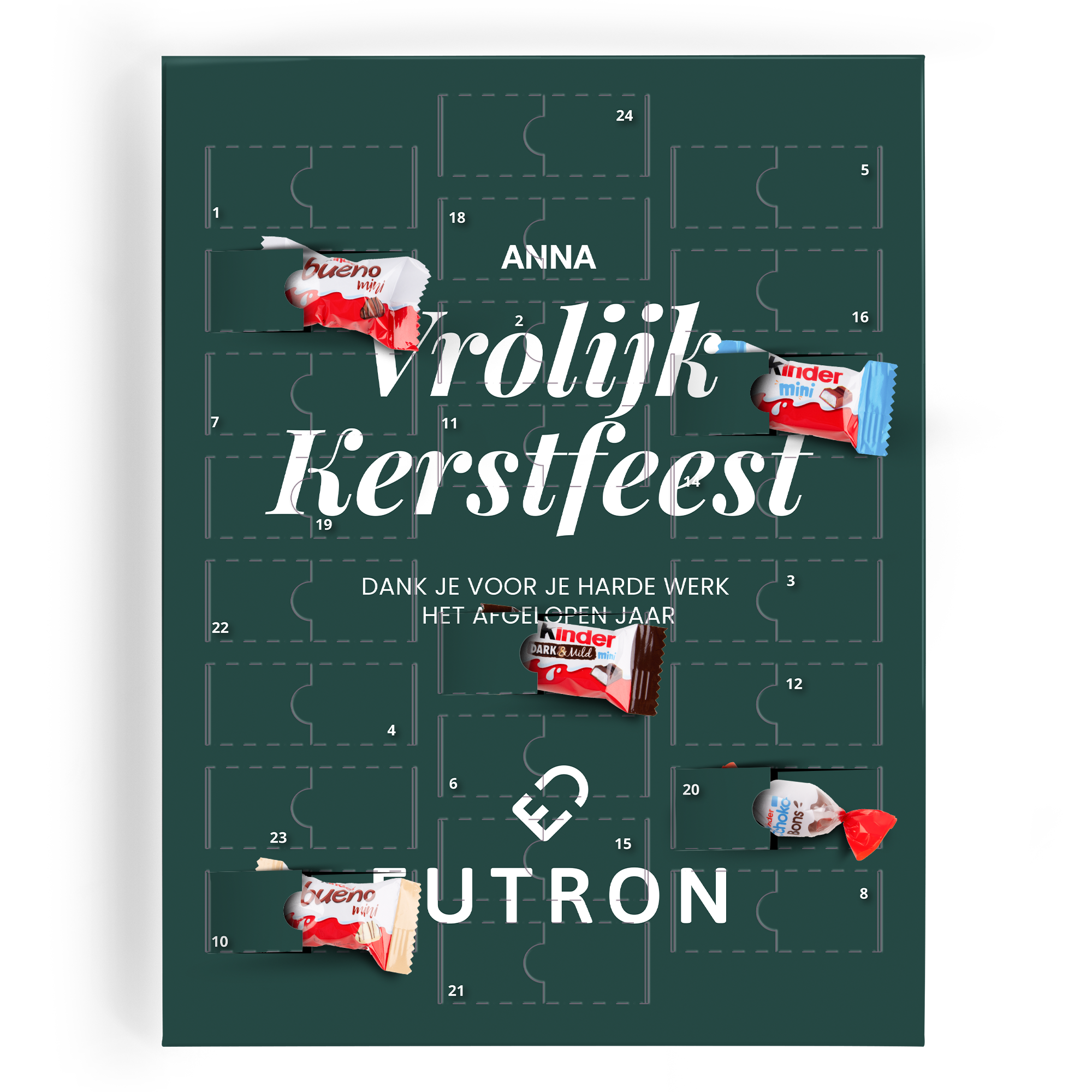 Gepersonaliseerde Kinder chocolade aftelkalender met de namen Anna Utron en de tekst Vrolijk Kerstfeest erop geprint.