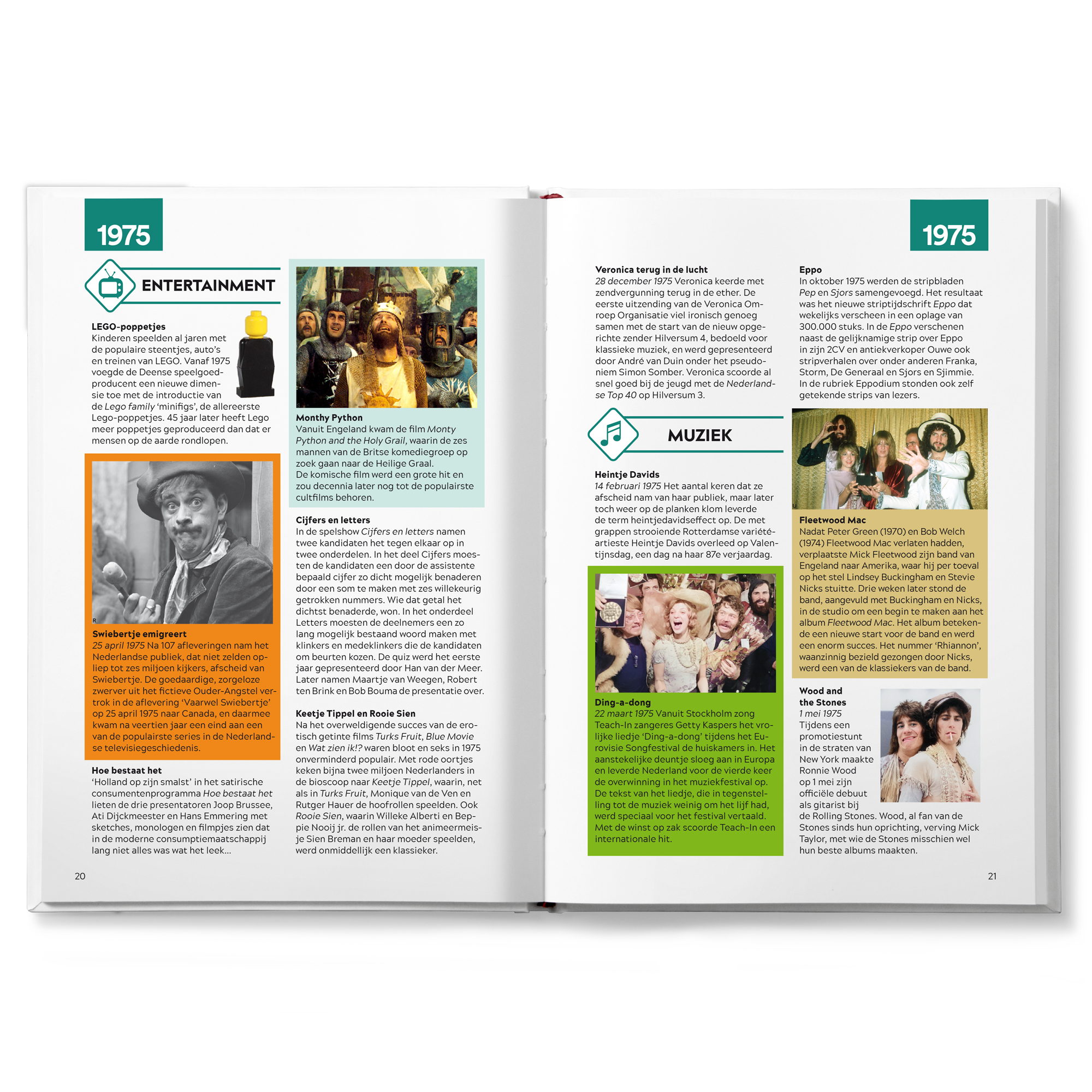 Een opengeslagen gepersonaliseerd boek Mijn eerste 18 jaar met de naam Jarno erop, vol herinneringen en foto's uit 1975.