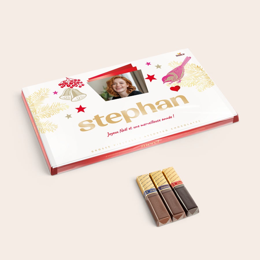 Chocolat Merci Finest Selection avec carte de vœux Mélange de chocolats Merci Finest Selection avec carte personnalisée 400 grammes imprimée avec une photo et le nom Stephan.