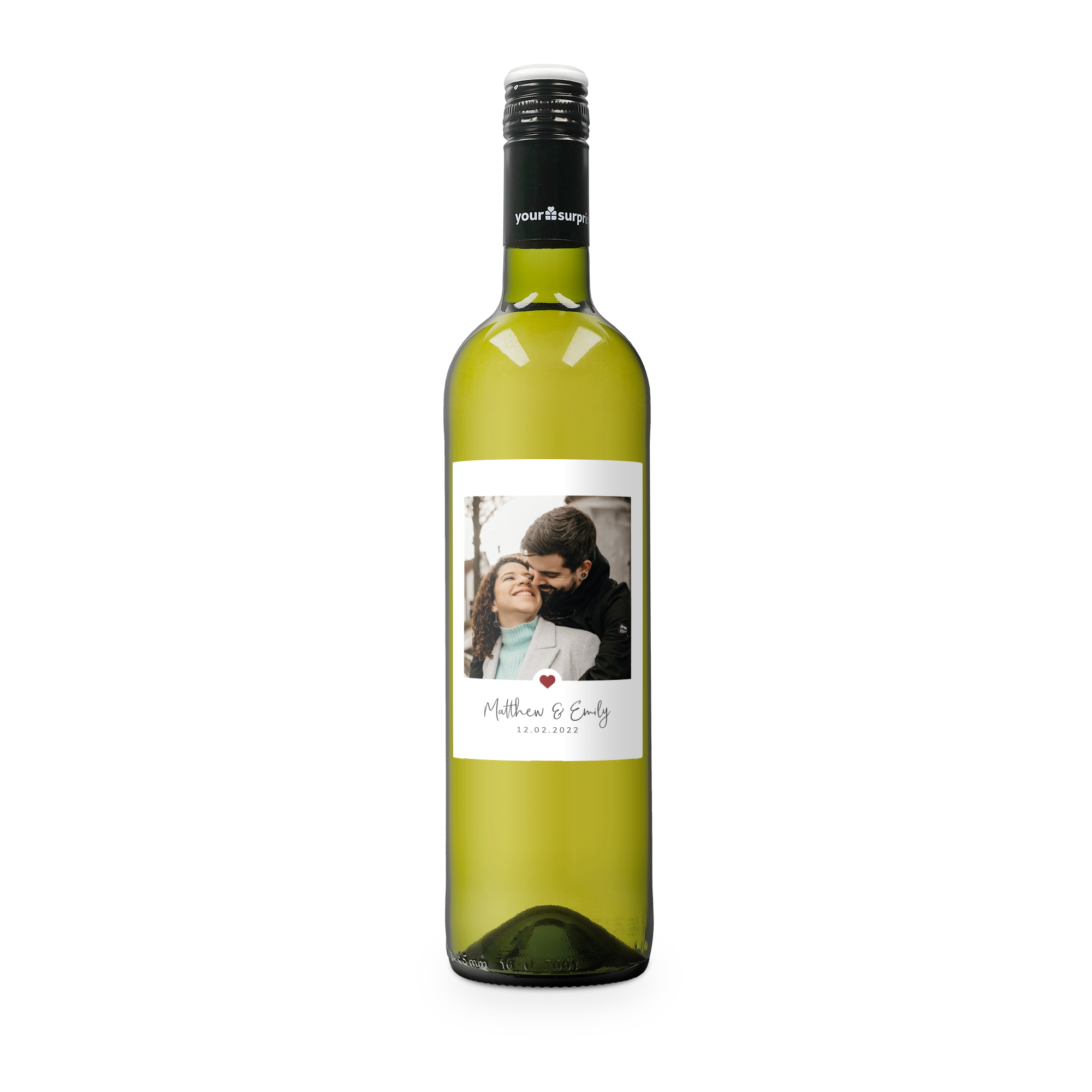 Bottiglia di vino bianco Chardonnay con etichetta personalizzata con foto di coppia, nomi e data