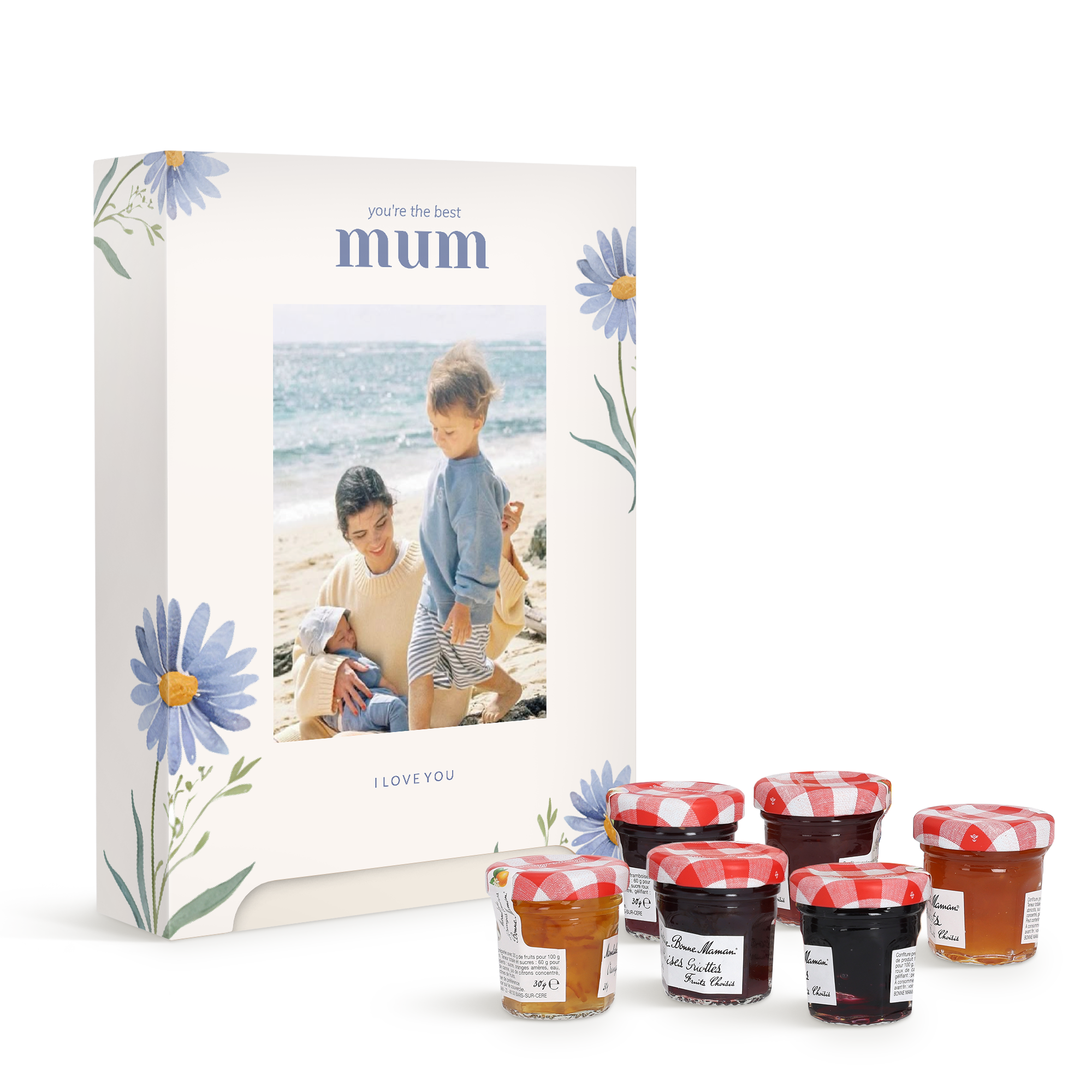 Bela darilna škatla Bonne Maman s personalizirano fotografijo, napisom "you're the best mum", "I love you" in šestimi mini marmeladami.