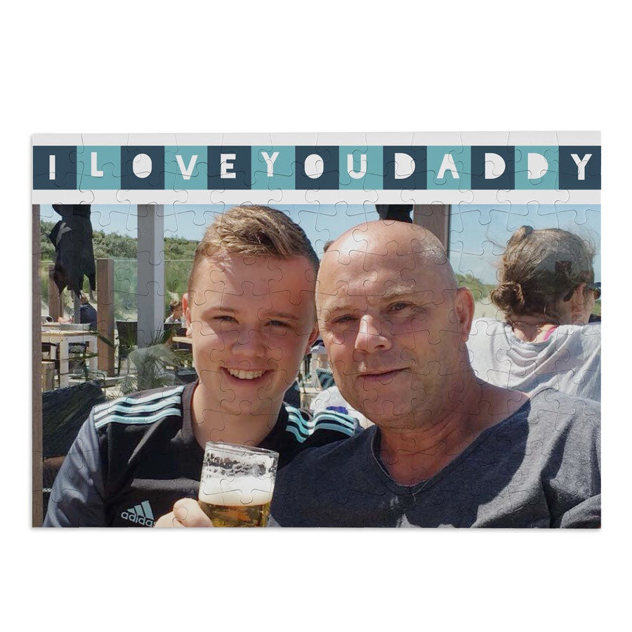Puzzle original para o Dia dos Pais impresso com foto de pai e filho e o texto I LOVE YOU DADDY