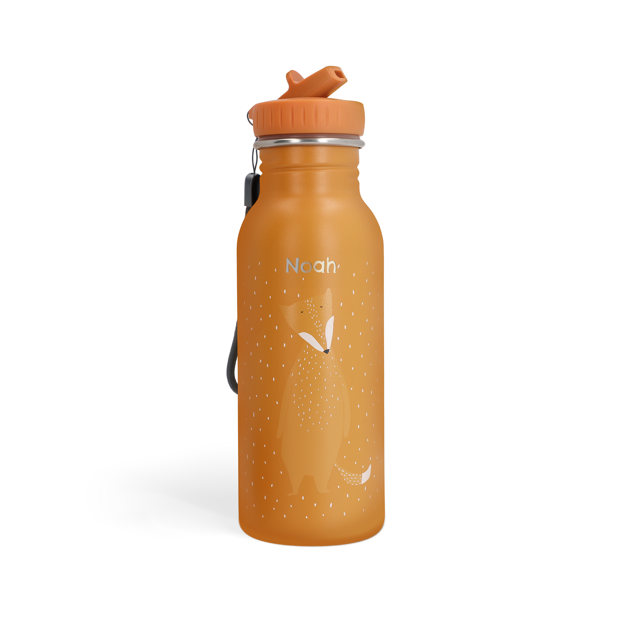 Garrafa de água Trixie laranja com design de raposa, nome 'Noah' gravado a laser para crianças