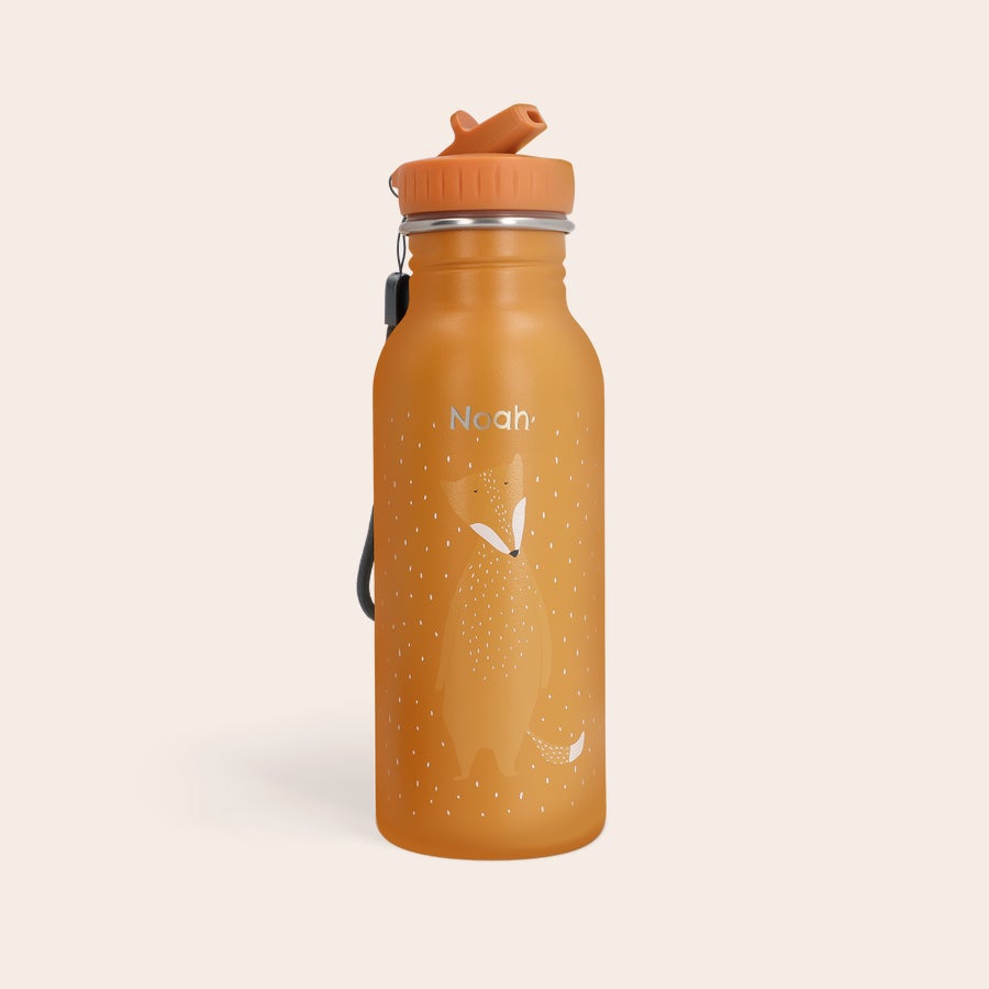 Trinkflasche Kinder mit Namen Orangefarbene Trinkflasche mit Fuchs und dem lasergravierten Namen Noah, eine ideale Trinkflasche mit Namen