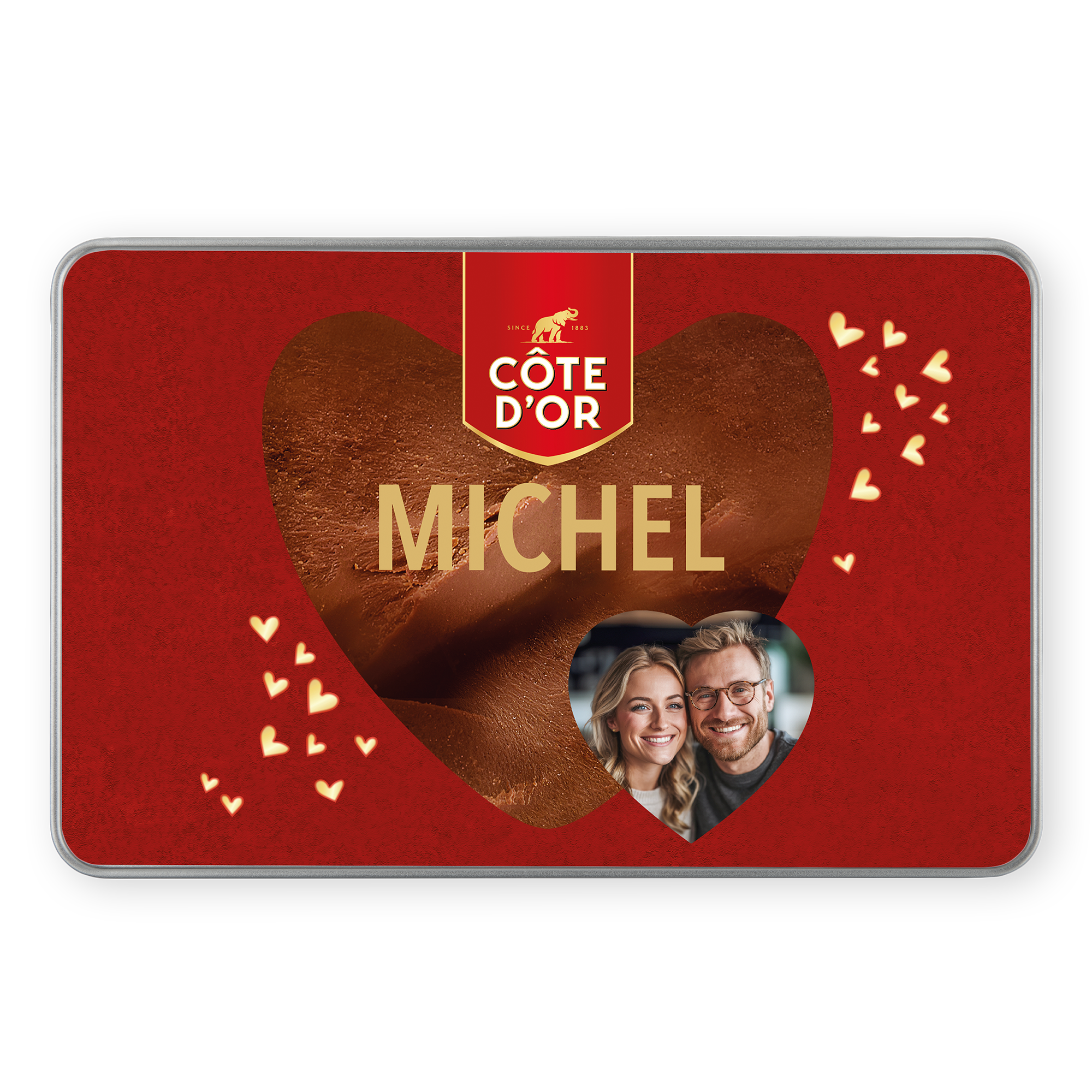 Boîte cadeau personnalisée - Rectangle - Mini Bouchée rouge avec photo et prénom "MICHEL" imprimés au centre d'un cœur en chocolat.
