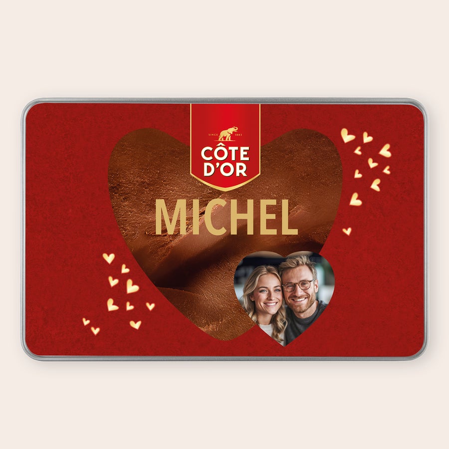 Boîte de Chocolat - Mini Bouchée Côte d'Or Boîte cadeau personnalisée - Rectangle - Mini Bouchée rouge avec photo et prénom "MICHEL" imprimés au centre d'un cœur en chocolat.