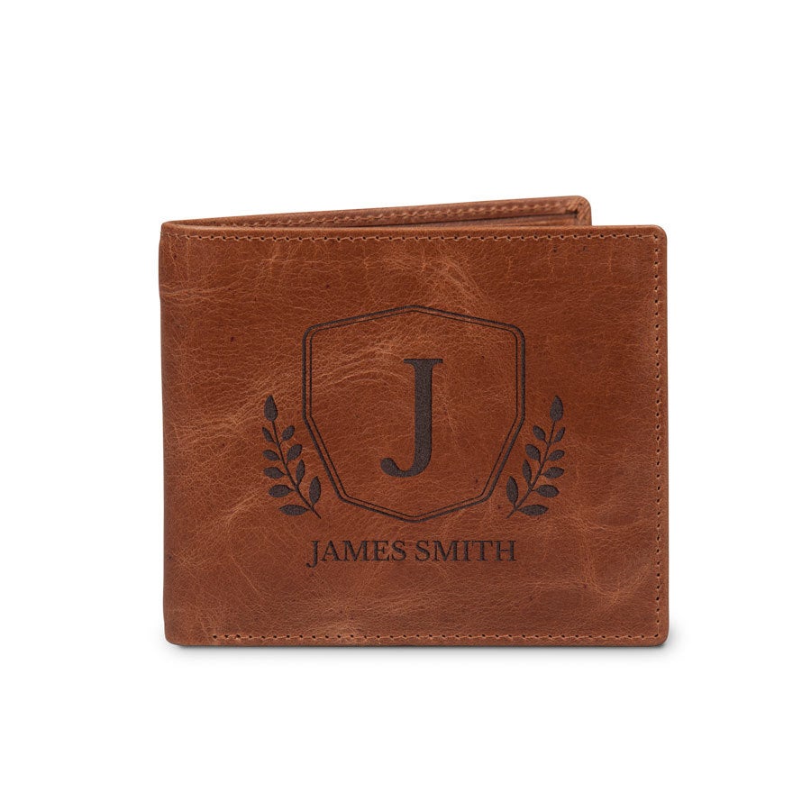 Luksus skinnlommebok gravert med en "J", navn James Smith og laurbærkransdesign