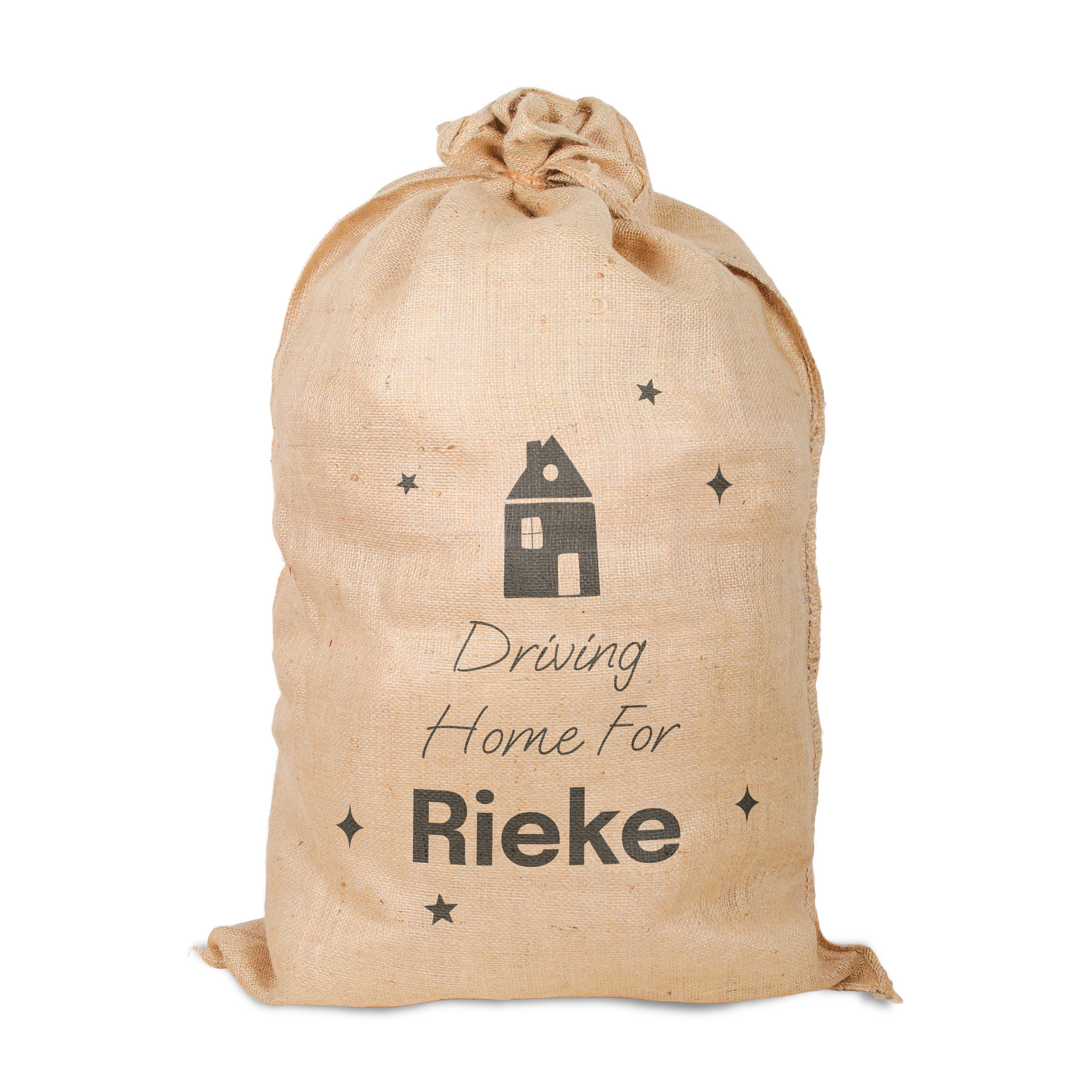 Weihnachtsmann Sack mit Namen, Driving Home For Rieke Motiv, aus Jute Stoff gefertigt, mit Haus und Sternen bedruckt