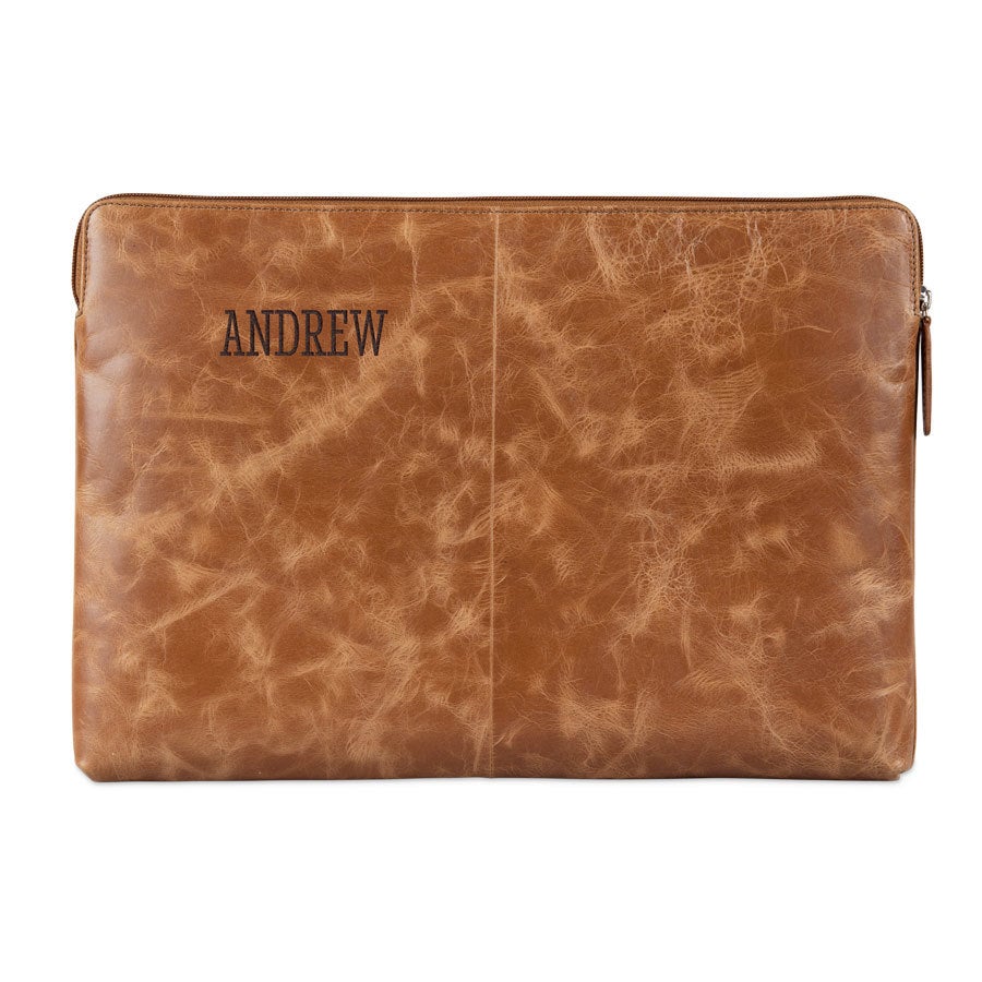 Engraved leather laptop sleeve