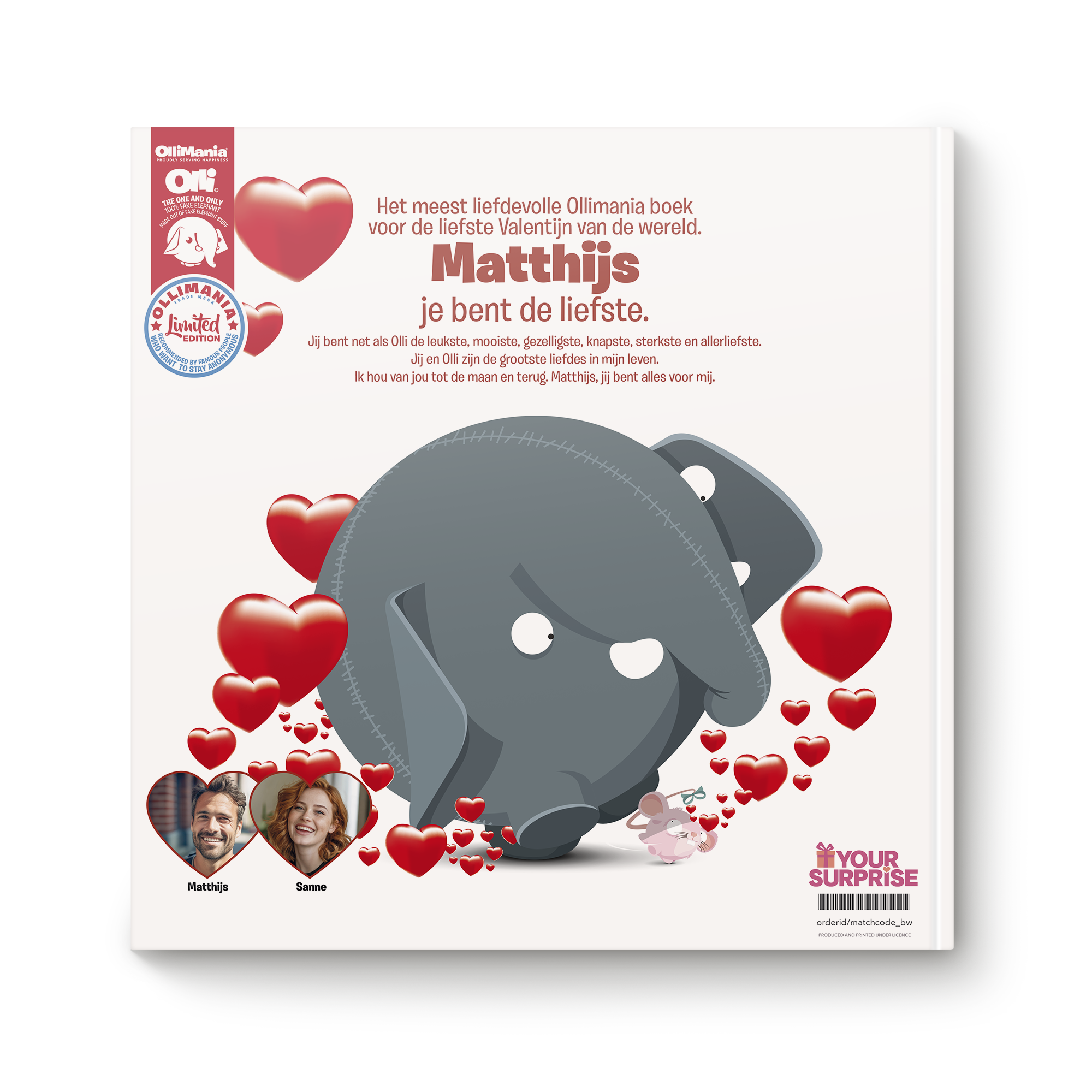 Gepersonaliseerd Ollimania boek met de naam Matthijs en foto's van Matthijs en Sanne. Boek "Je bent mijn Valentijn/Liefste" personaliseren met eigen tekst en foto's.