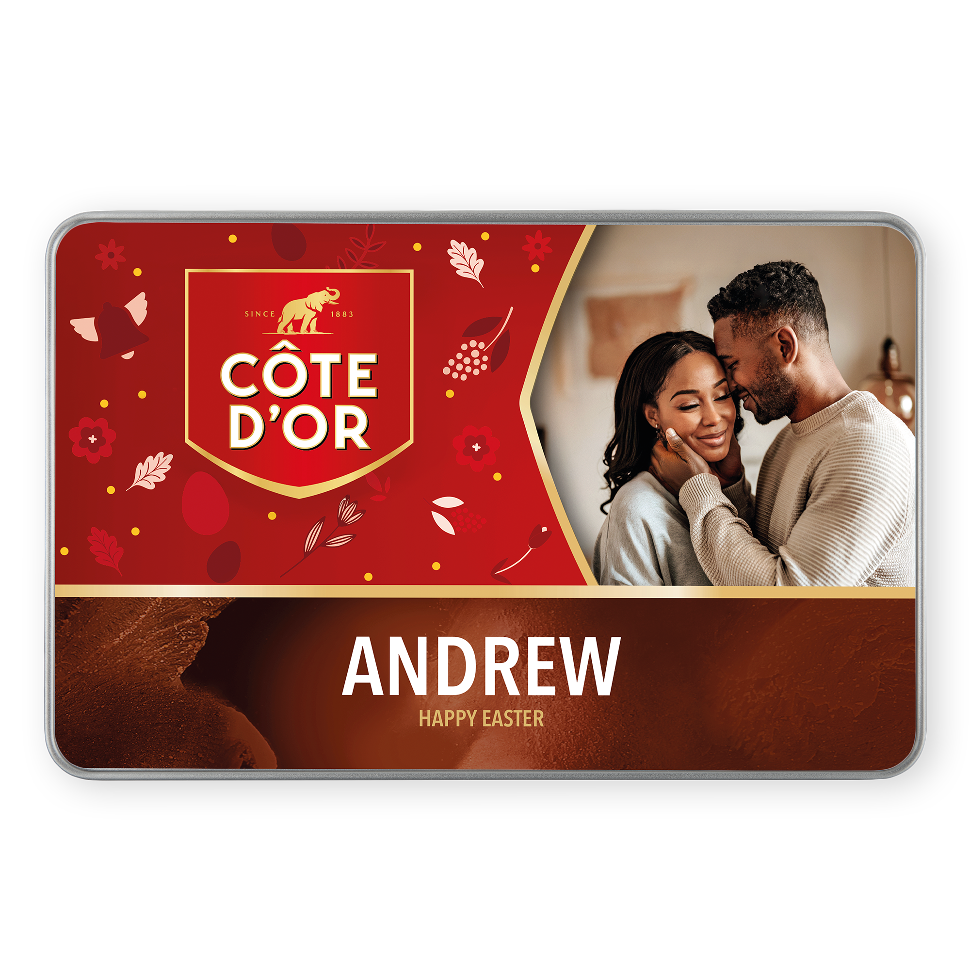 Személyre szabott ajándékdoboz - Côte d'Or Vintage csokoládé doboz Andrew és a párja fotójával, boldog húsvéti felirattal.