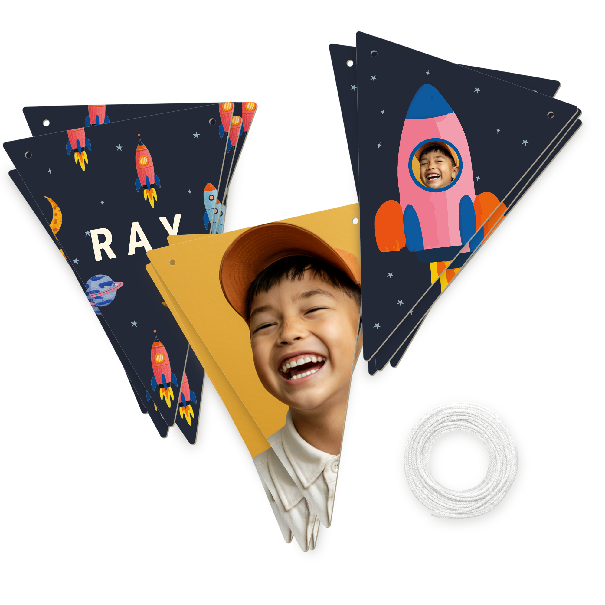 Personalised garland - Triangle - L - 5m printed with a name, a child's photo, and rocket designs