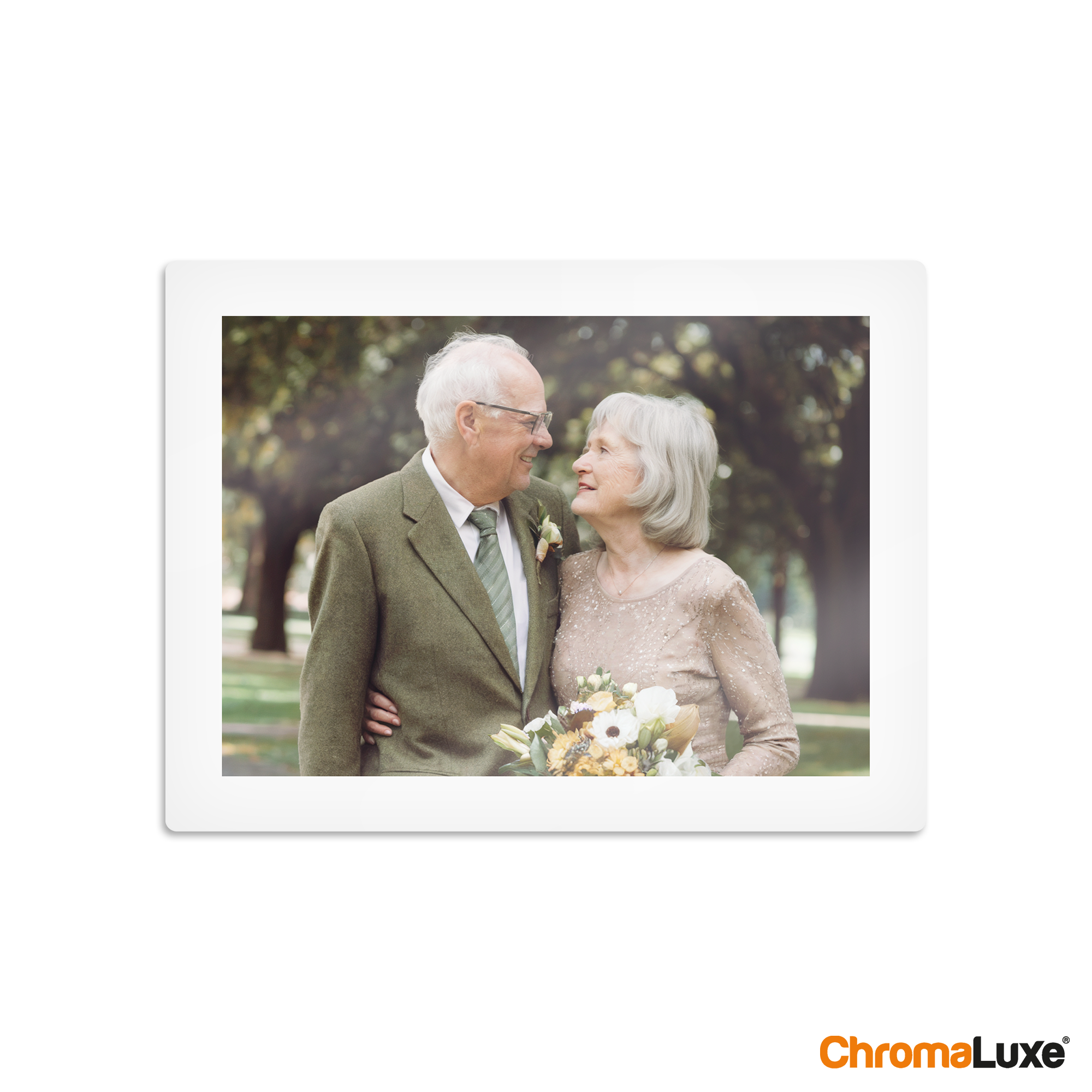 Chromaluxe aluminium photo prints featuring an elderly couple holding a floral bouquet