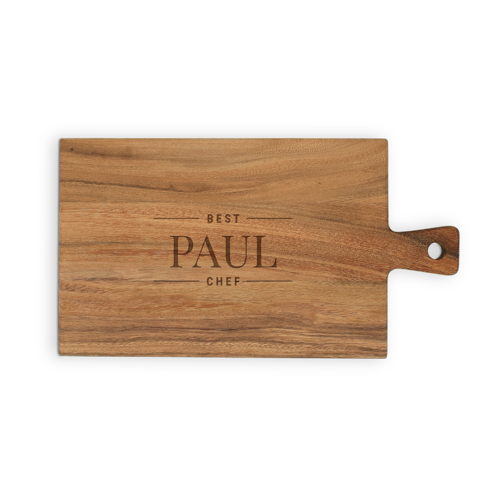 Servierbrett aus Holz, graviert mit dem Namen "Paul" und dem Text "Best Chef"