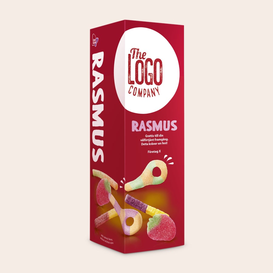 Personlig presentförpackning med godis från Red Band Personlig presentförpackning med Red Band godismix, tryckt med namn Rasmus och logotyp.