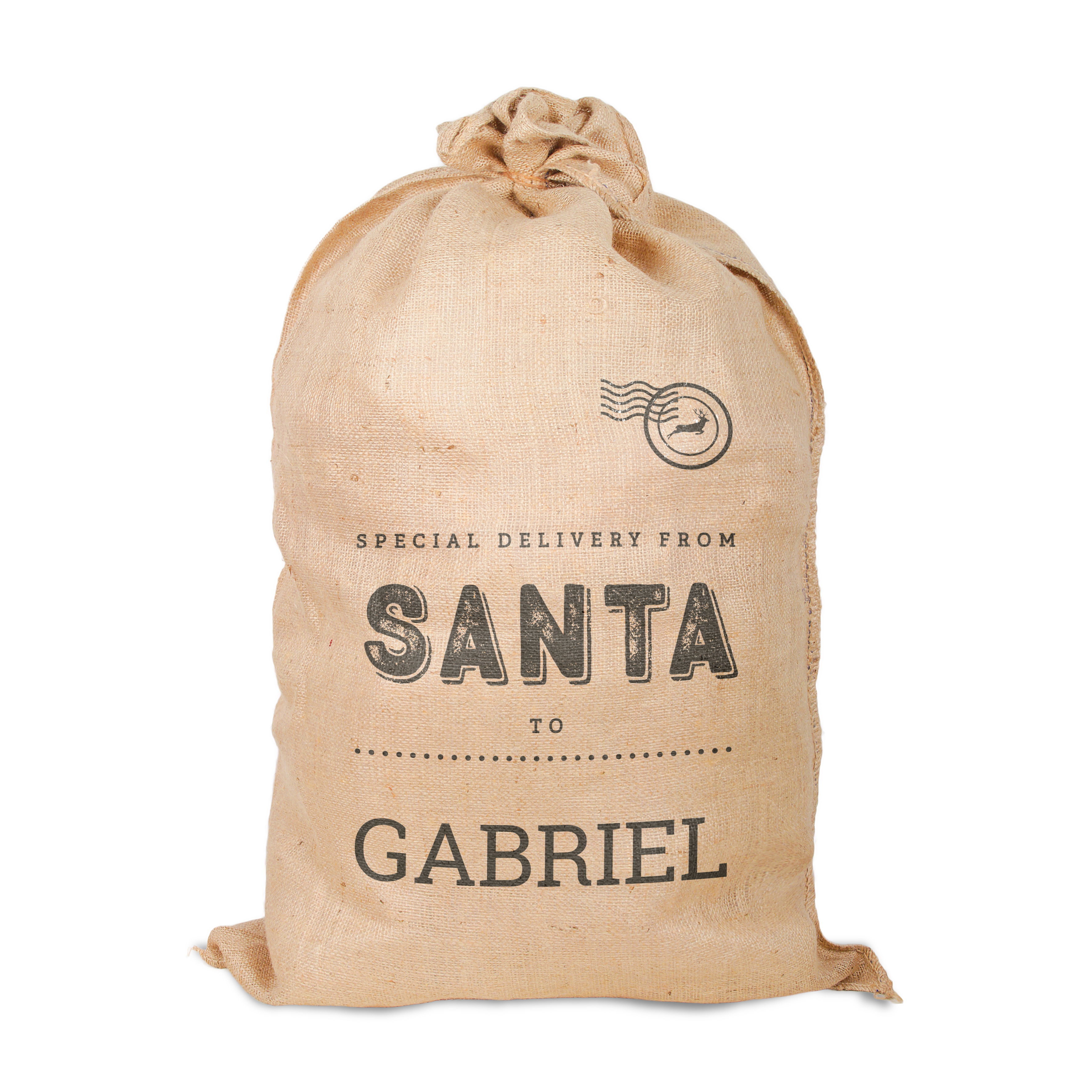 Sacco di iuta personalizzato per regali di Natale stampato con nome Gabriel e grafica natalizia