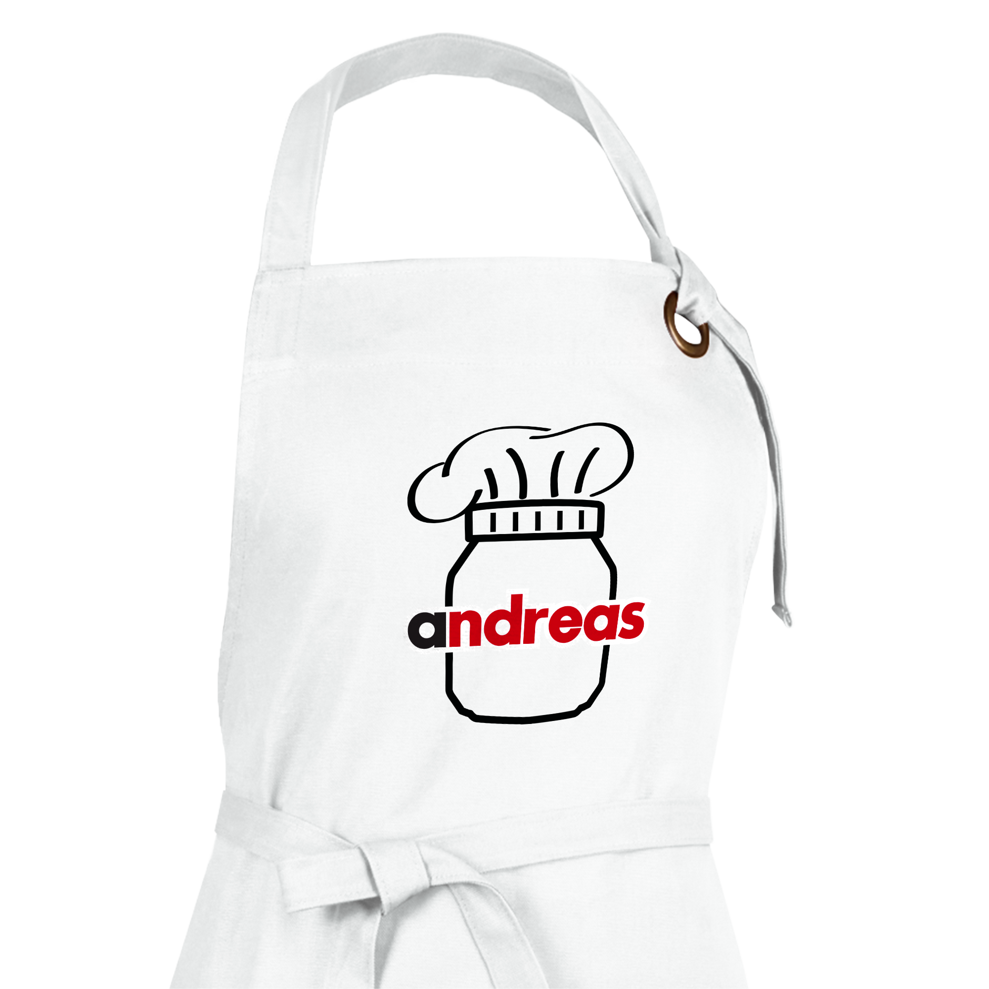 Weiße personalisierte Kochschürze mit aufgedrucktem Glas und Kochmütze, darunter der Name Andreas in Schwarz und Rot, Teil eines Backspaß-Geschenksets.