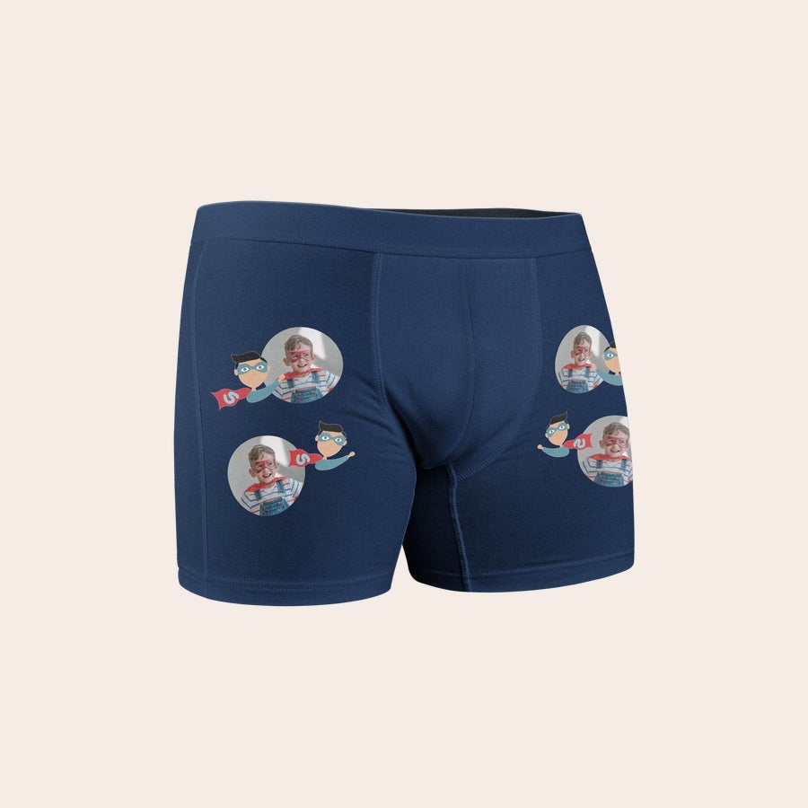 Personalised boys boxer shorts Navy blue personalized boxer shorts with full-color printed photos of a boy in a superhero mask. Create boxer shorts with a unique design.