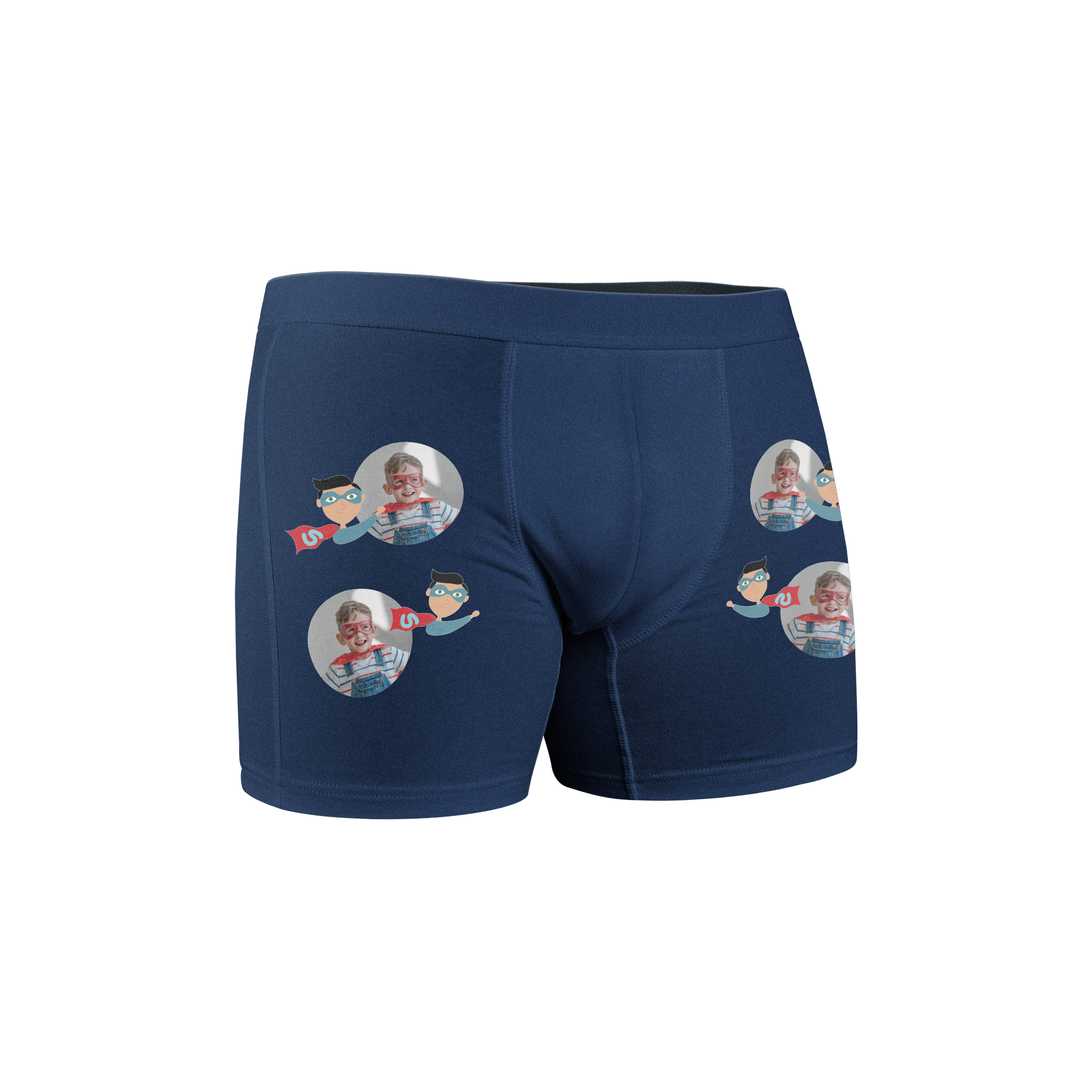 Dunkelblaue Boxershorts mit vollflächig aufgedruckten Fotos eines lächelnden Jungen im Superhelden-Outfit zum Gestalten von Boxershorts.