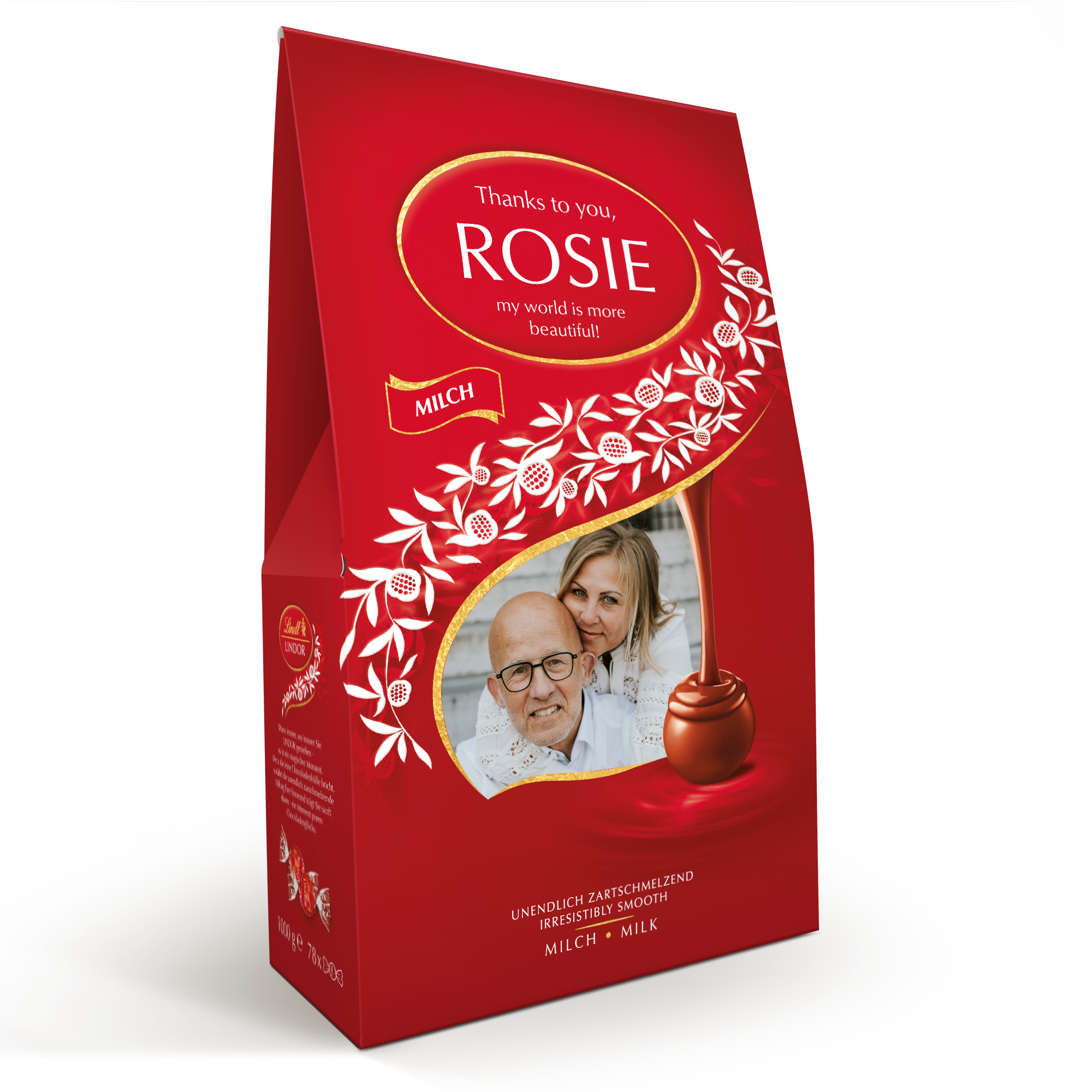 Cutie cadou roșie de 1 kg ciocolată Lindor cu fotografie imprimată, numele Rosie și text personalizat.