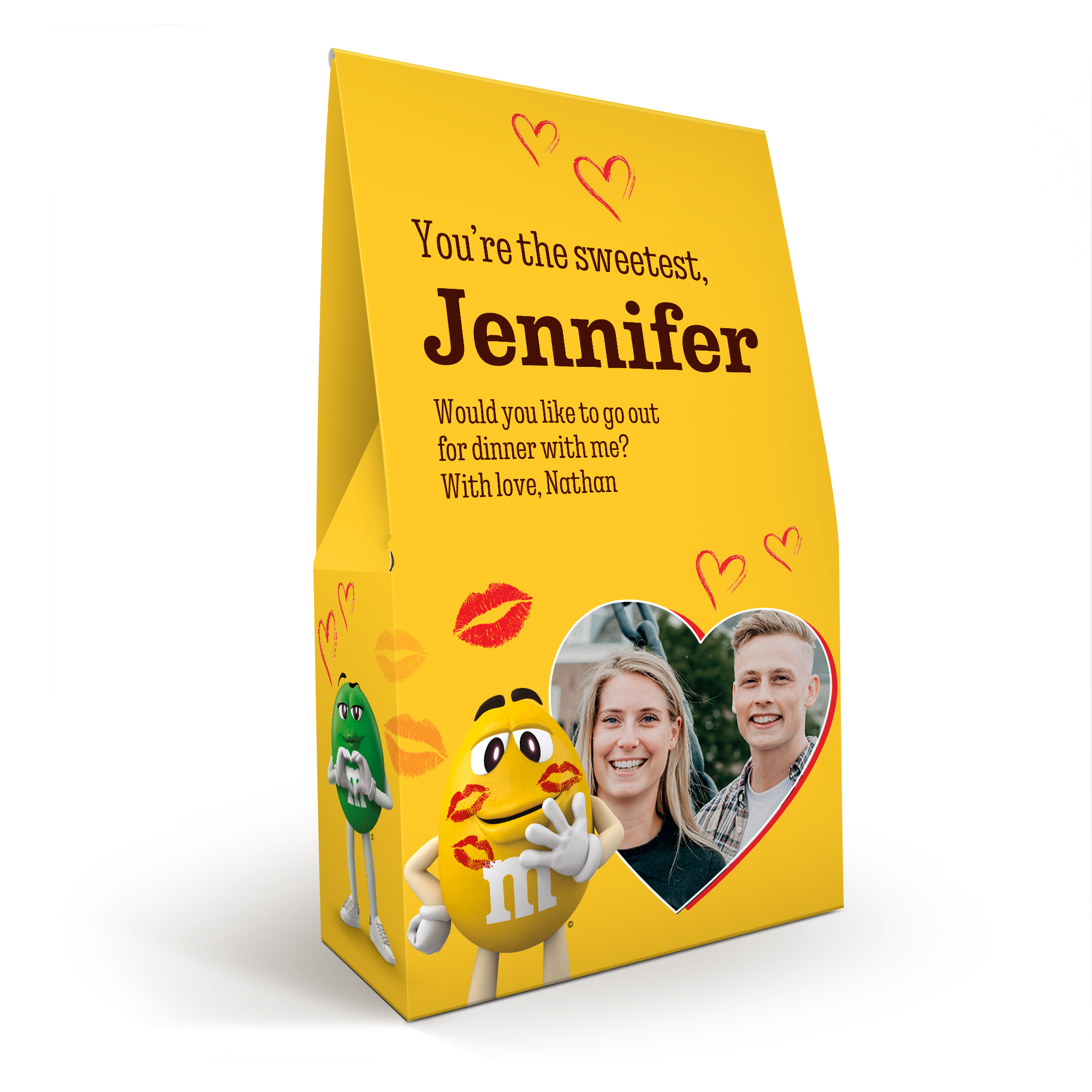 Caixa de presente GG com chocolates M&M's, personalizada com foto do casal, nome Jennifer e texto de Nathan
