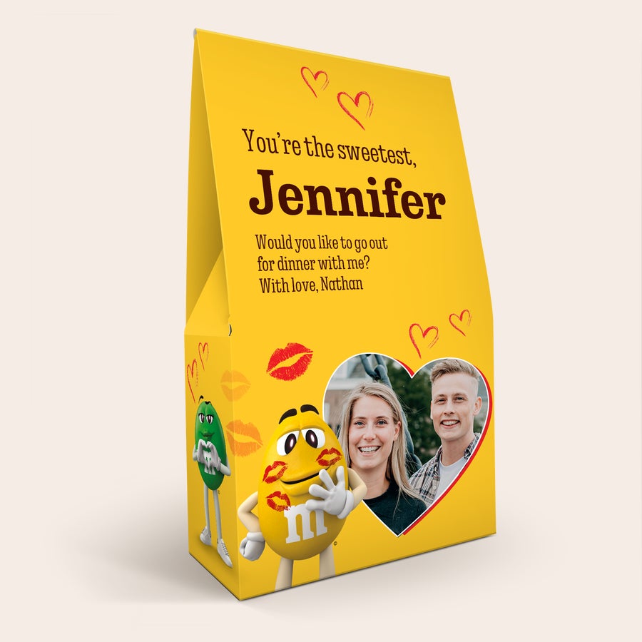 Confezione regalo personalizzata XL M&M's - 6 sacchetti (714 grammi) Scatola regalo XL di cioccolato M&M's personalizzata con foto di coppia e testo stampato per Jennifer e Nathan