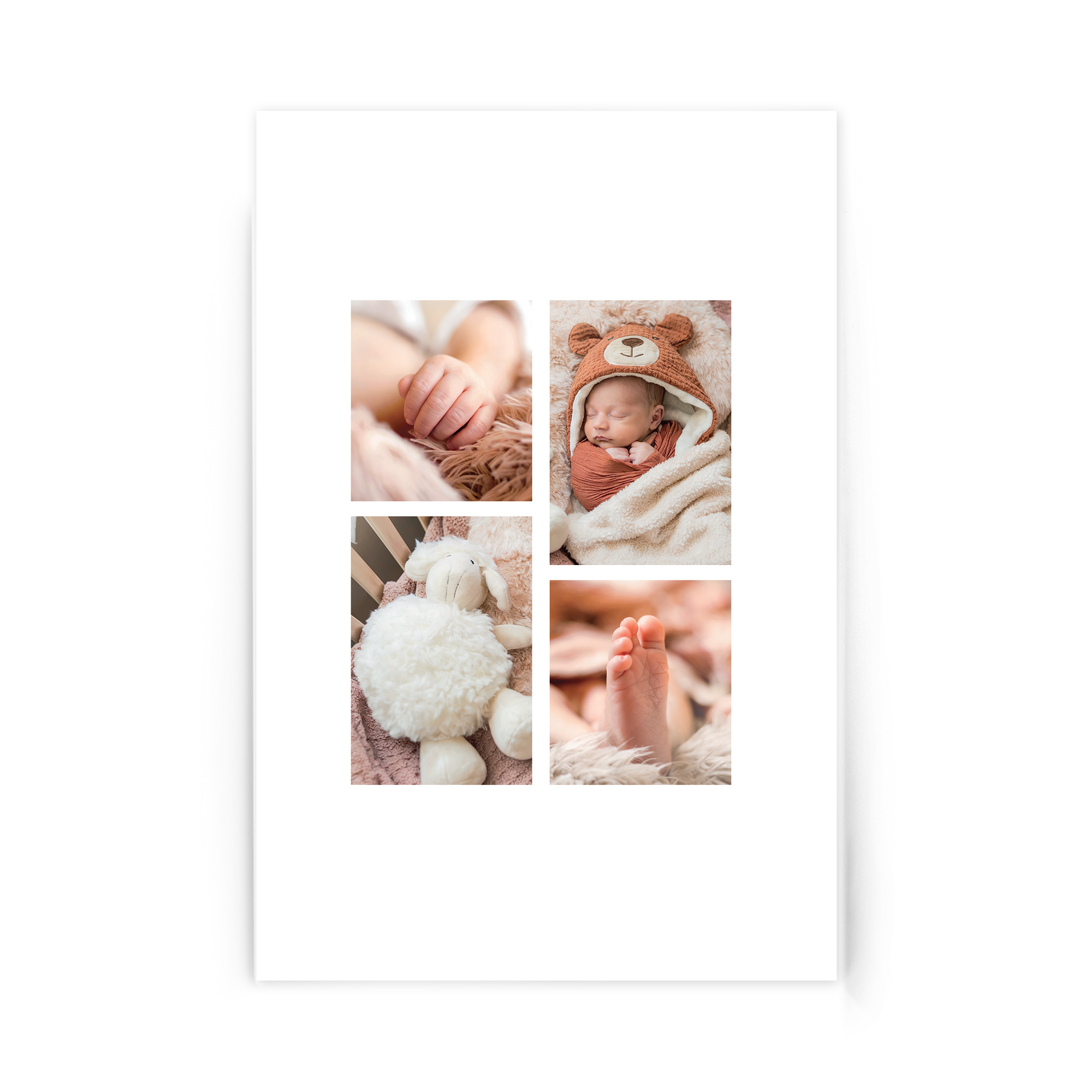 Photo on acrylic featuring a newborn baby in a bear hat, tiny hands, feet, and a white plush lamb toy. Immortalize your most memorable moment with a personalized photo.