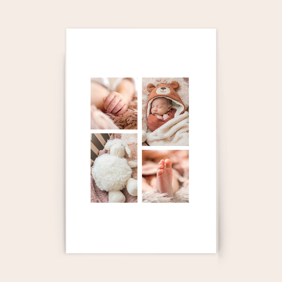 Photo on Acrylic Photo on acrylic featuring a newborn baby in a bear hat, tiny hands, feet, and a white plush lamb toy. Immortalize your most memorable moment with a personalized photo.